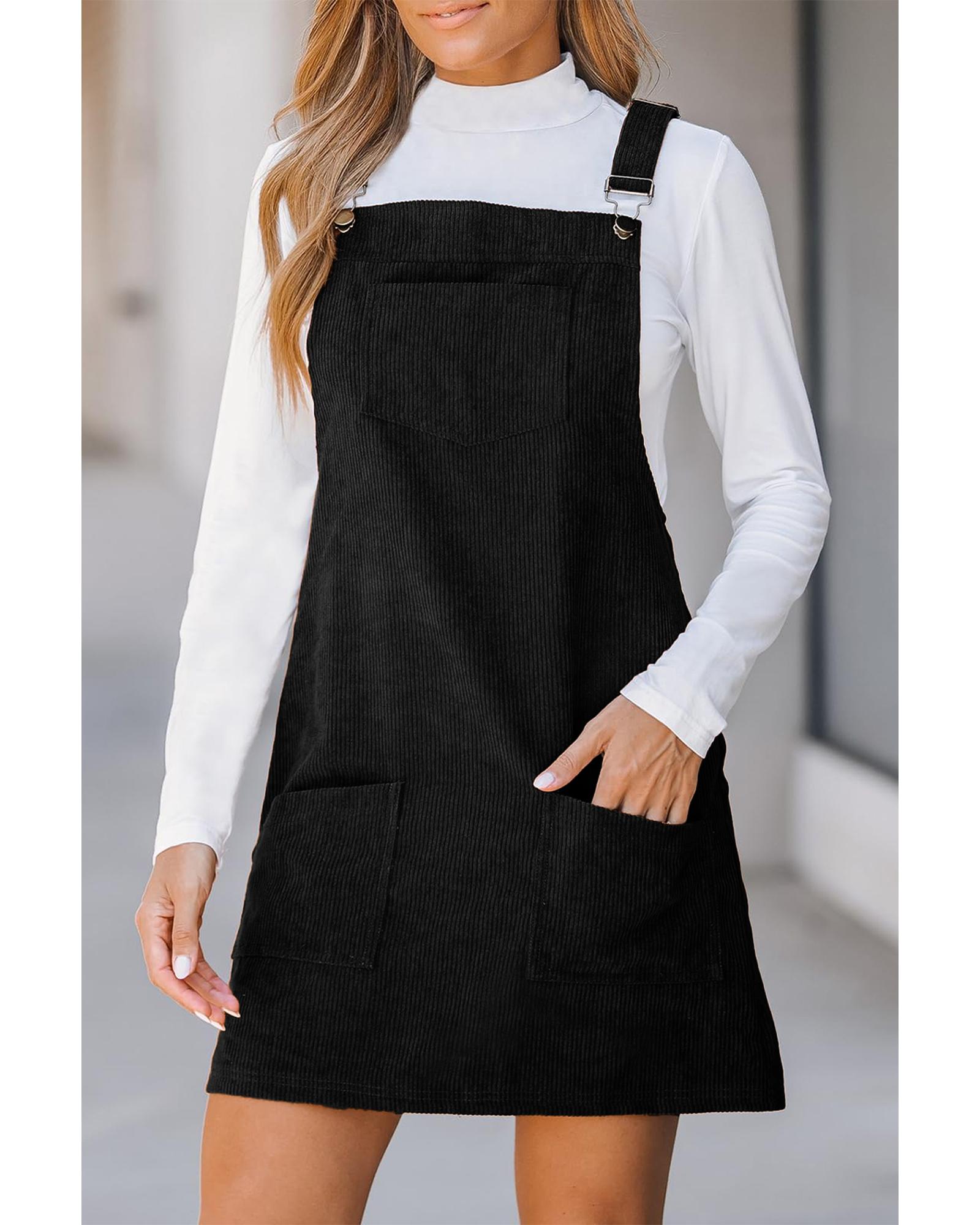 V539-AZEXDC6121362-P2-L-202508282010-00 Black Solid Front Pockets Sleeveless Corduroy Overall Dress - L - Image 1