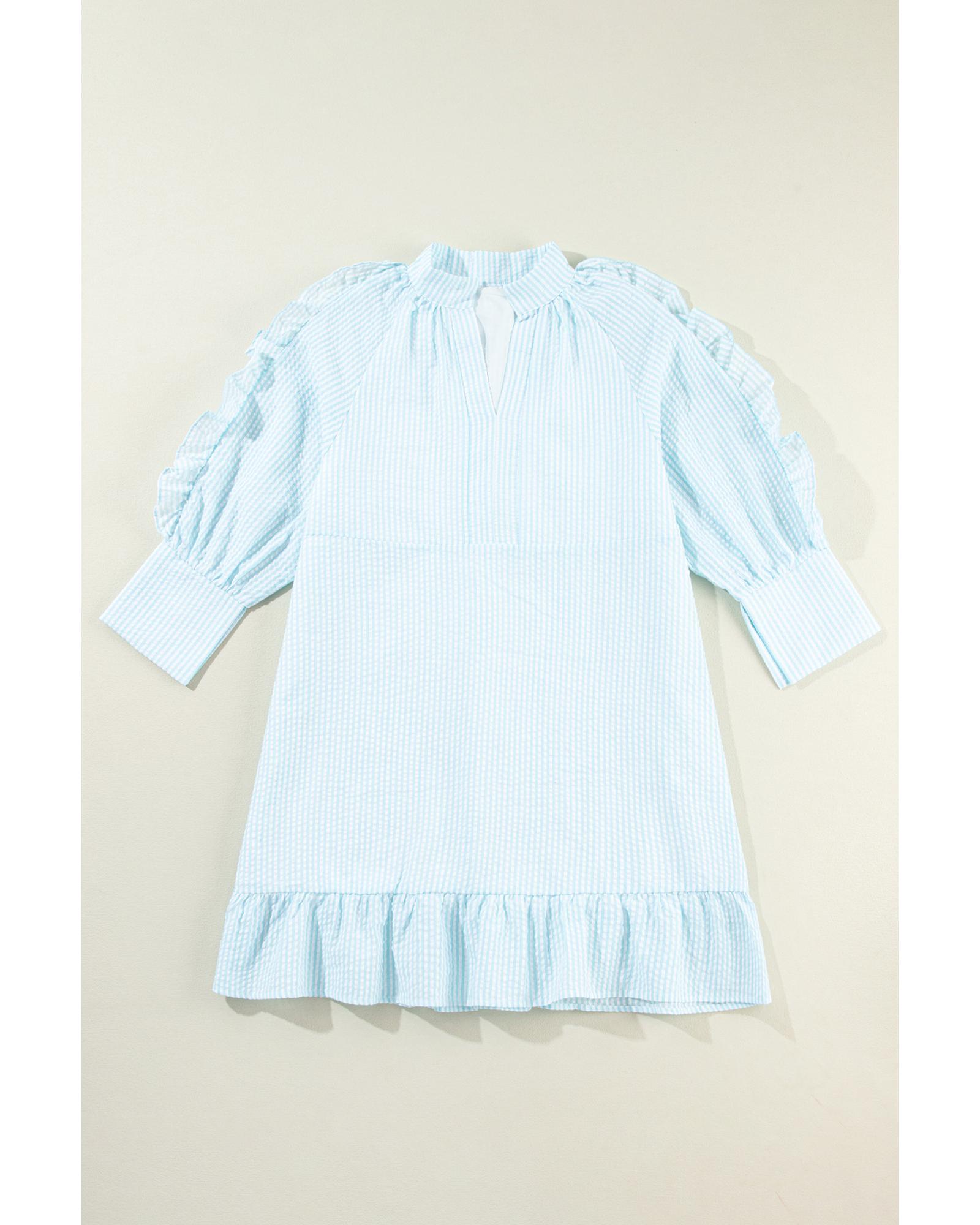 V539-AZEXDC6121378-P1204-M-202508300535-00 Myosotis Seersucker Ruffled Puff Sleeve Stand Neck Mini Dress - M - Image 1