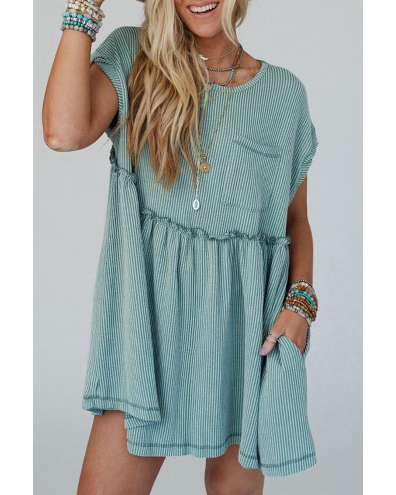 V539-AZEXDC6121389-P2609-L-202508280330-00 Canton Corded Knit Textured Patched Pocket Frilled Swing Mini Dress with Pockets - L - Image 1