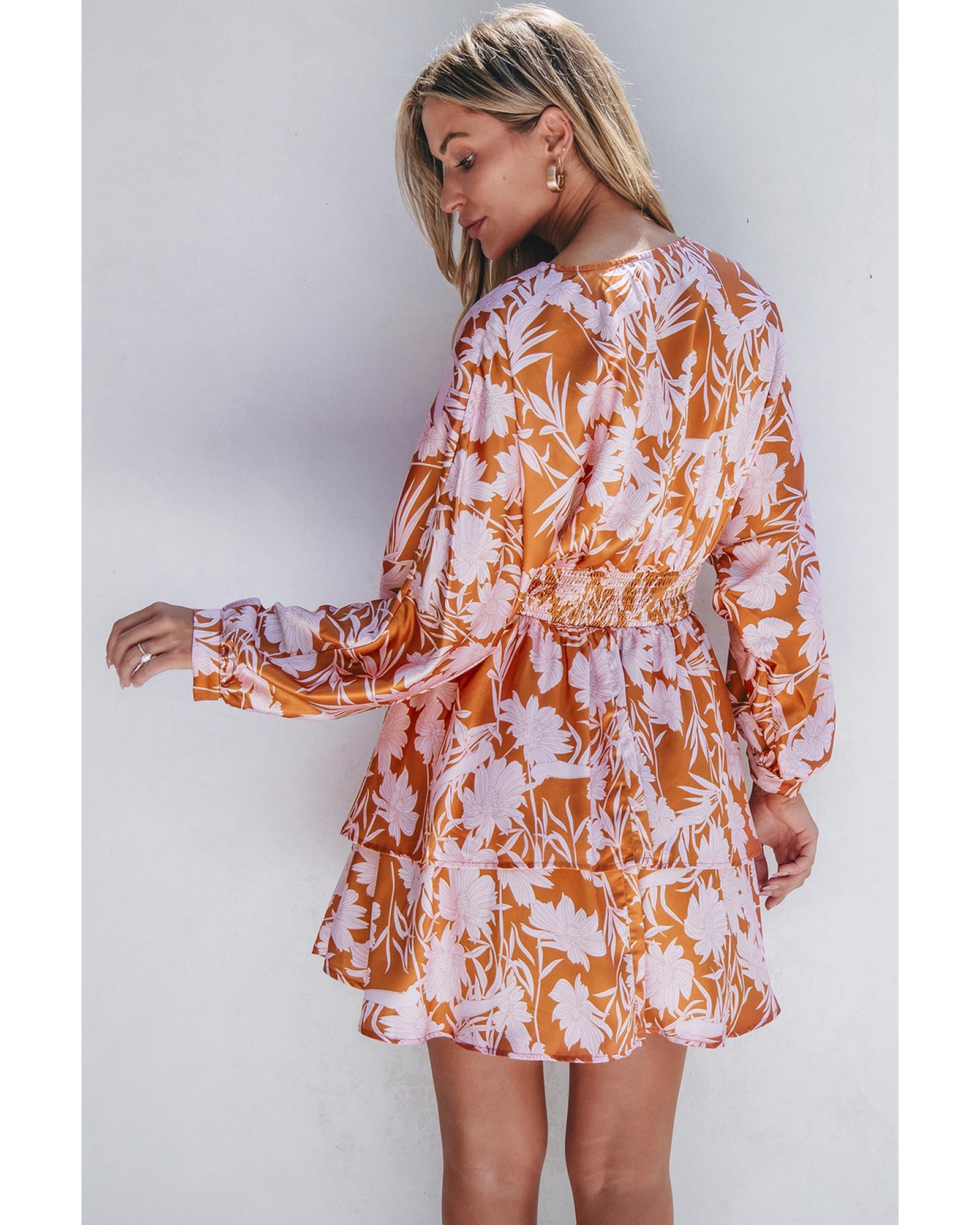 V539-AZEXDC6121462-P1720-XL-202508291525-00 Brown Floral Puff Sleeve Smocked Waist Layered Dress - XL - Image 1