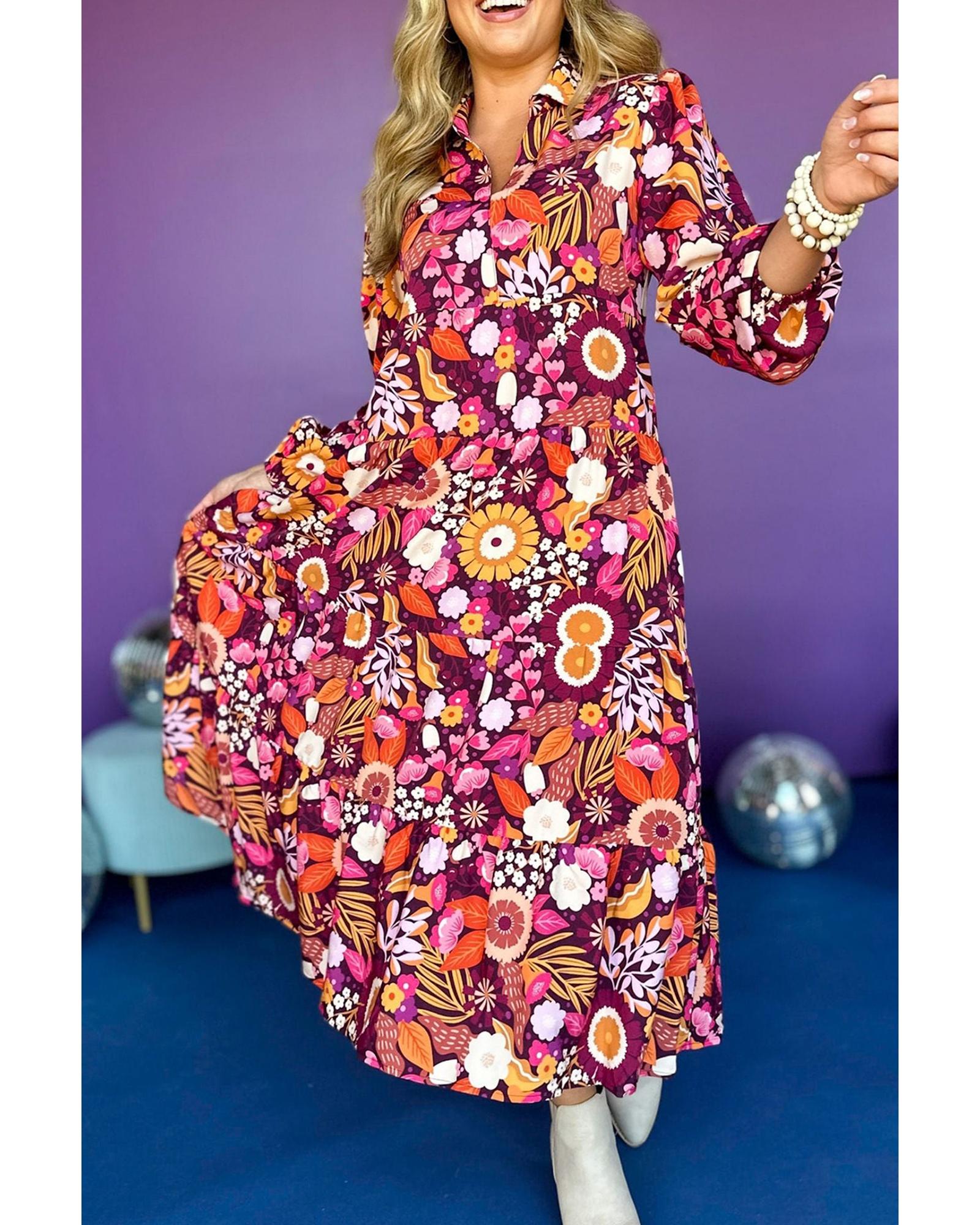 V539-AZEXDC6121486-P820-S-202506141811-00 Purple Collared Tiered Flowy Long Dress - S - Image 1