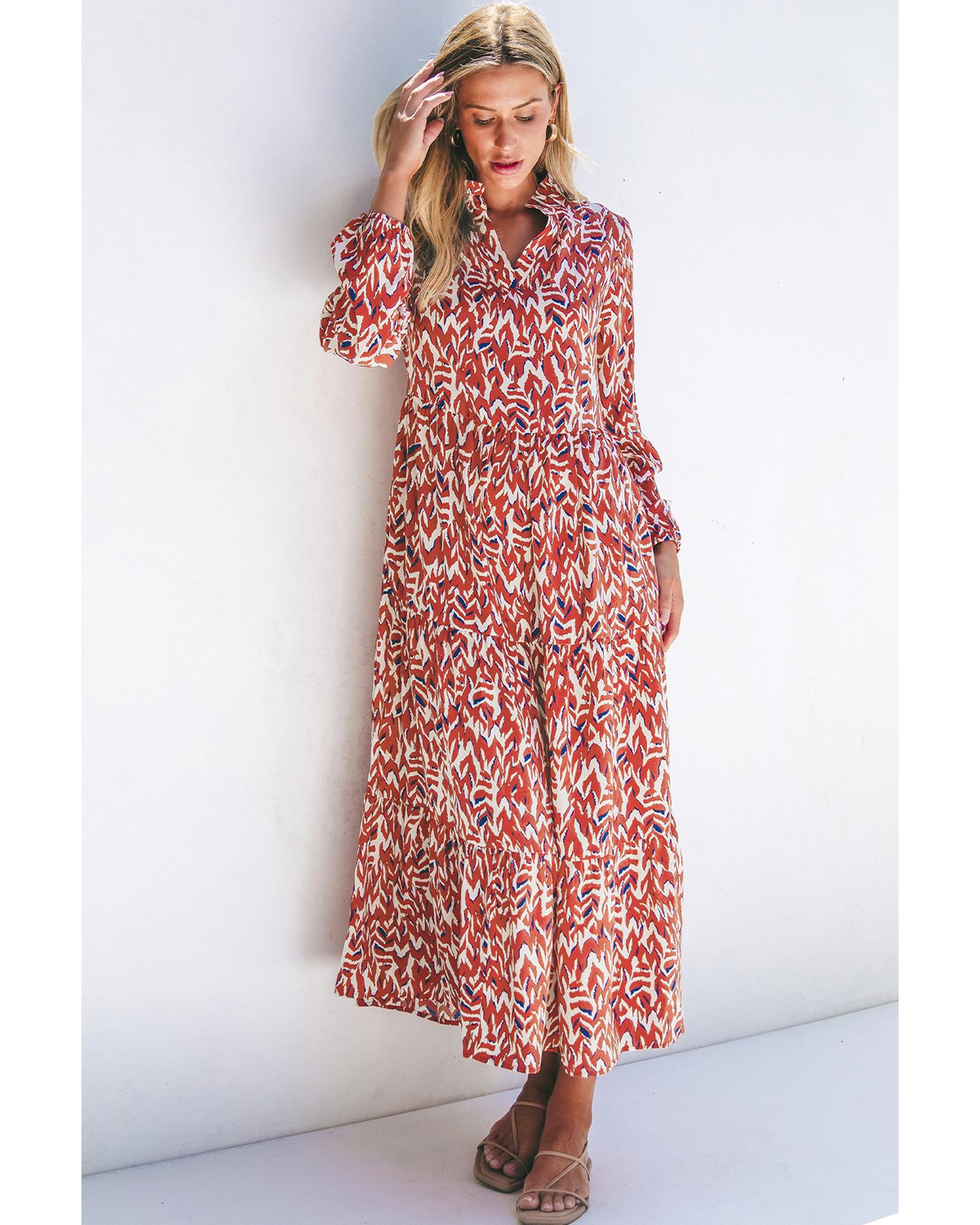 V539-AZEXDC6121493-P1420-M-202508280650-00 Orange Abstract Print V Neck Pleated High Waist Midi Dress - M - Image 1