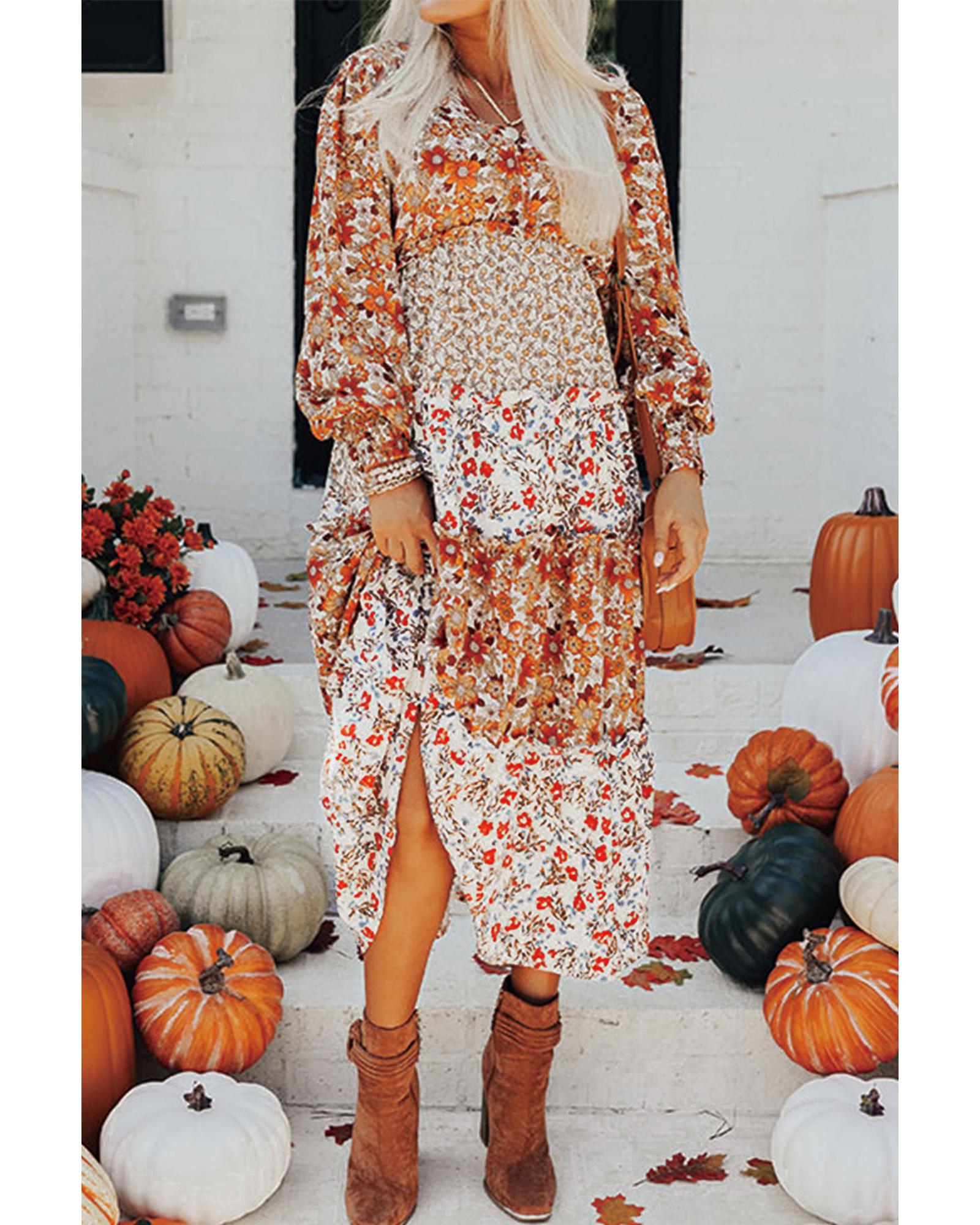 V539-AZEXDC6121496-P1620-XL-202508281615-00 Khaki Floral Print Ruffled Tiered Long Sleeve V Neck Midi Dress - XL - Image 1