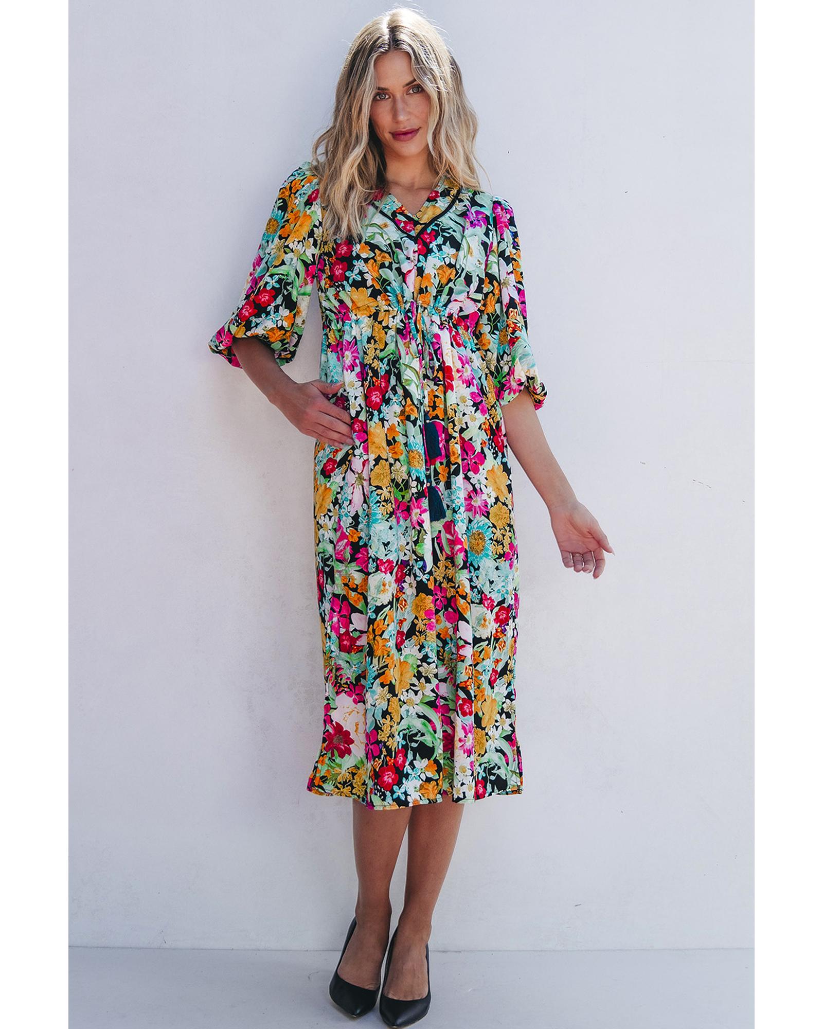 V539-AZEXDC6121498-P922-XL-202508282135-00 Green Floral Puff Sleeve V Neck Tassel Drawstring Dress - XL - Image 1