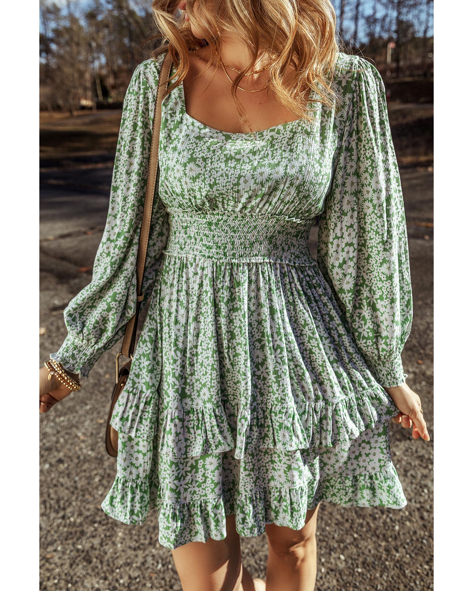 V539-AZEXDC6121574-P920-M-202508281505-00 Green Floral Print Square Neck Shirred Waist Tiered Ruffled Mini Dress - M - Image 1