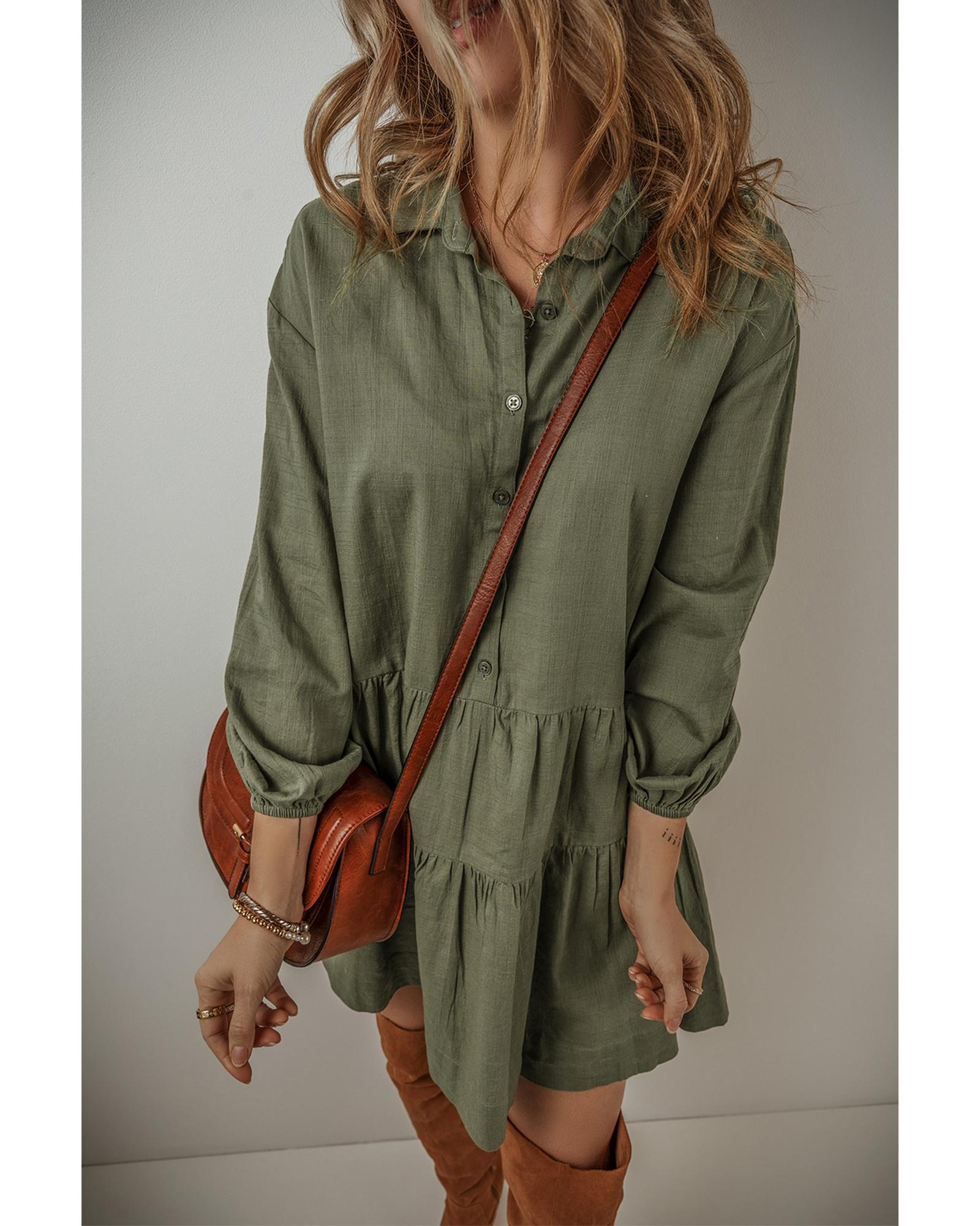 V539-AZEXDC6121586-P609-XL-202508300055-00 Jungle Green Puff Sleeve Buttoned Tiered Pleated Shirt Mini Dress - XL - Image 1