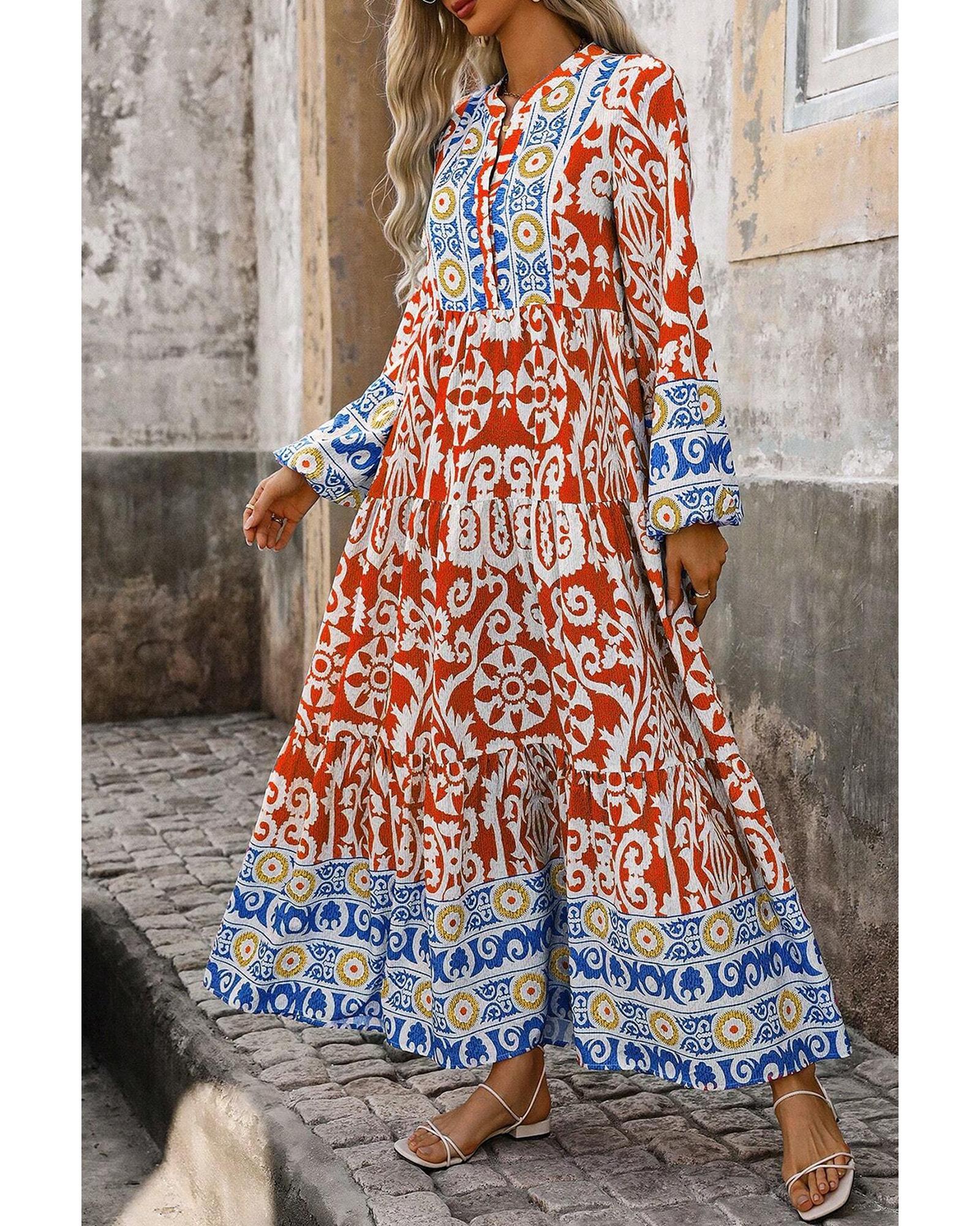 V539-AZEXDC6121726-P1420-S-202506141525-00 Orange Boho Geometric Printed Long Sleeve Maxi Dress - S - Image 1