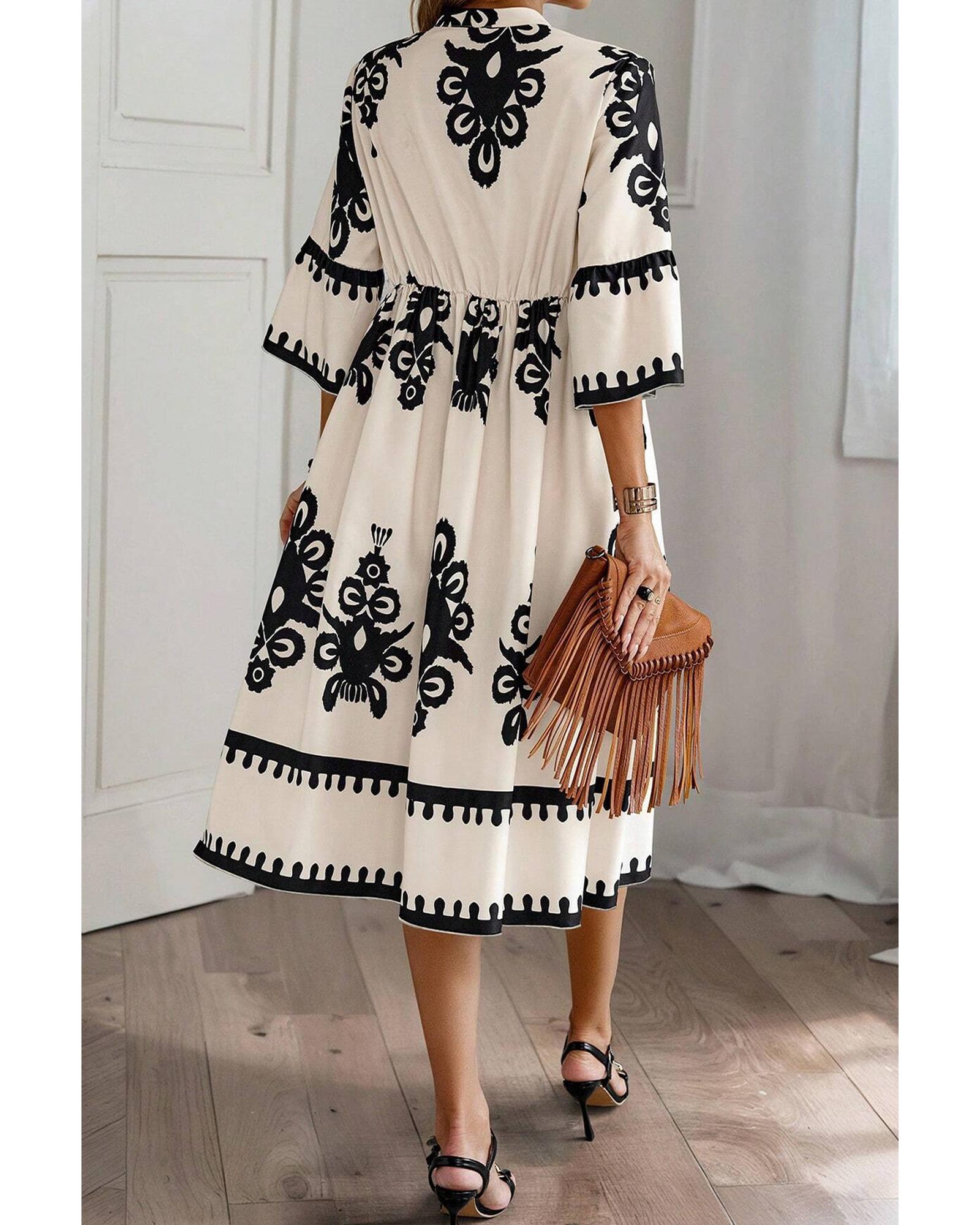 V539-AZEXDC6121729-P1520-XL-202508280745-00 Beige Western Geometric Print 3/4 Sleeve Loose Midi Dress - XL - Image 1