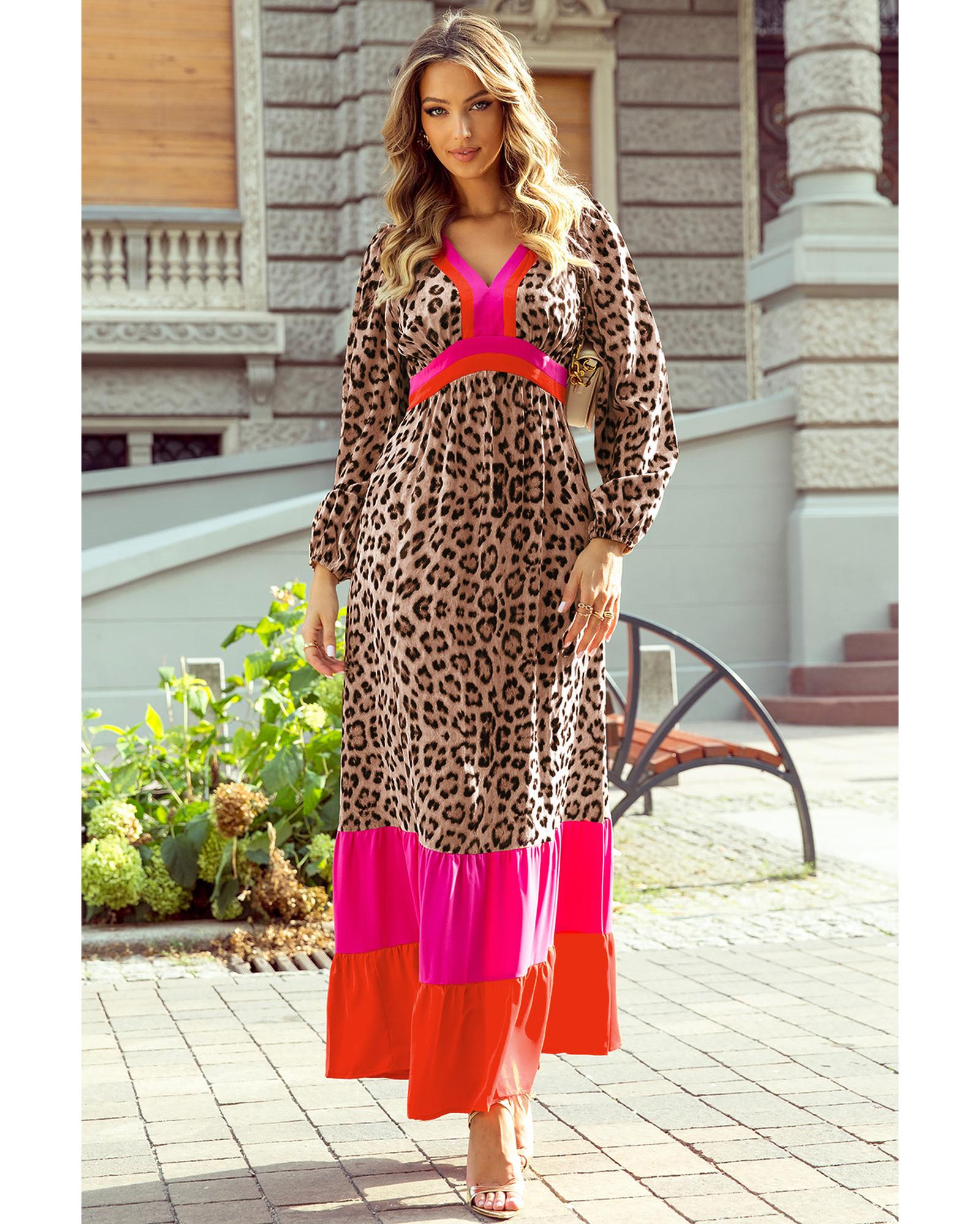 V539-AZEXDC6121732-P1720-M-202508281515-00 Brown Leopard Color Block V Neck Loose Fit Maxi Dress - M - Image 1