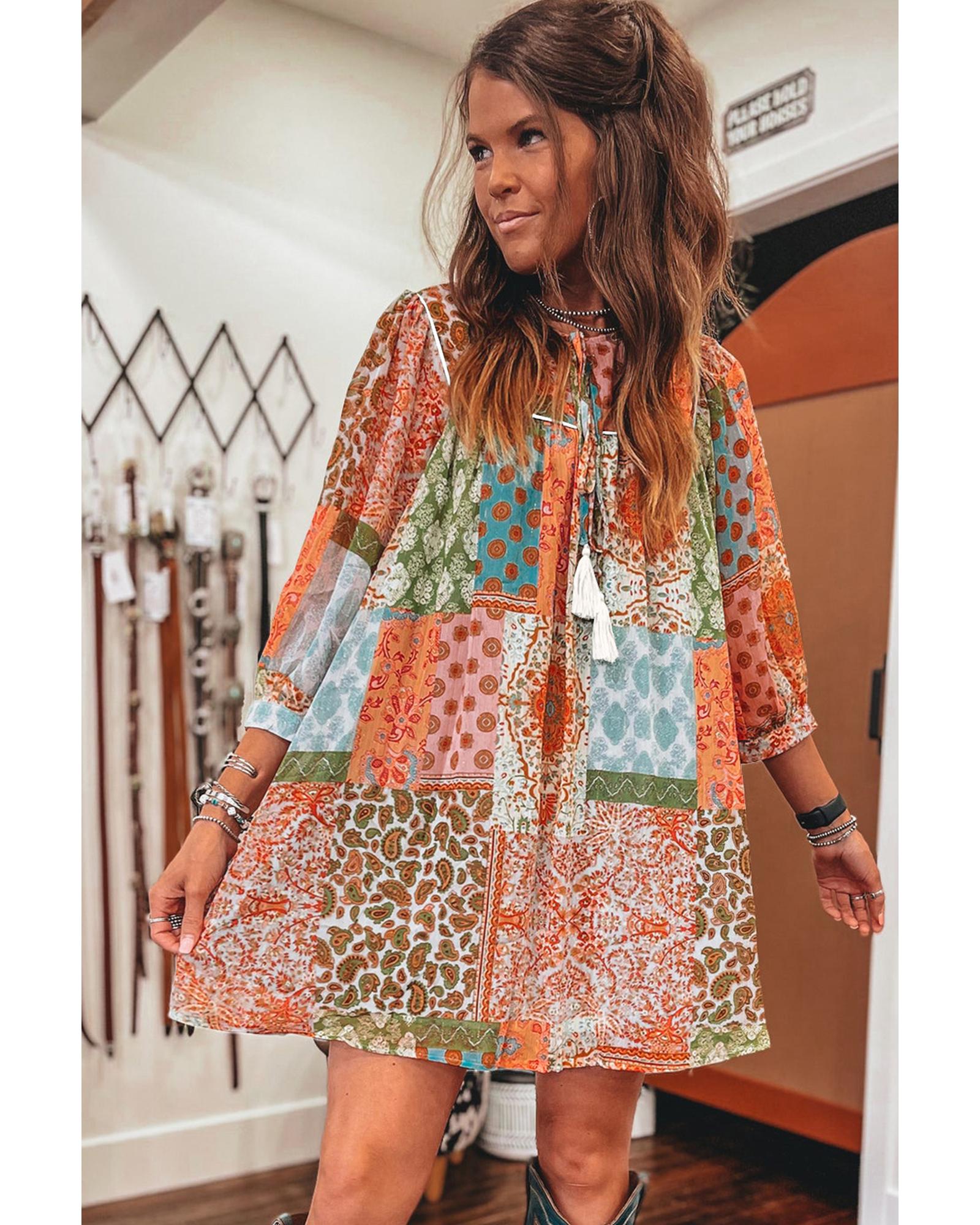 V539-AZEXDC6121745-P1420-S-202506141540-00 Orange Boho Paisley Mixed Print 3/4 Sleeve Chiffon Loose Dress - S - Image 1