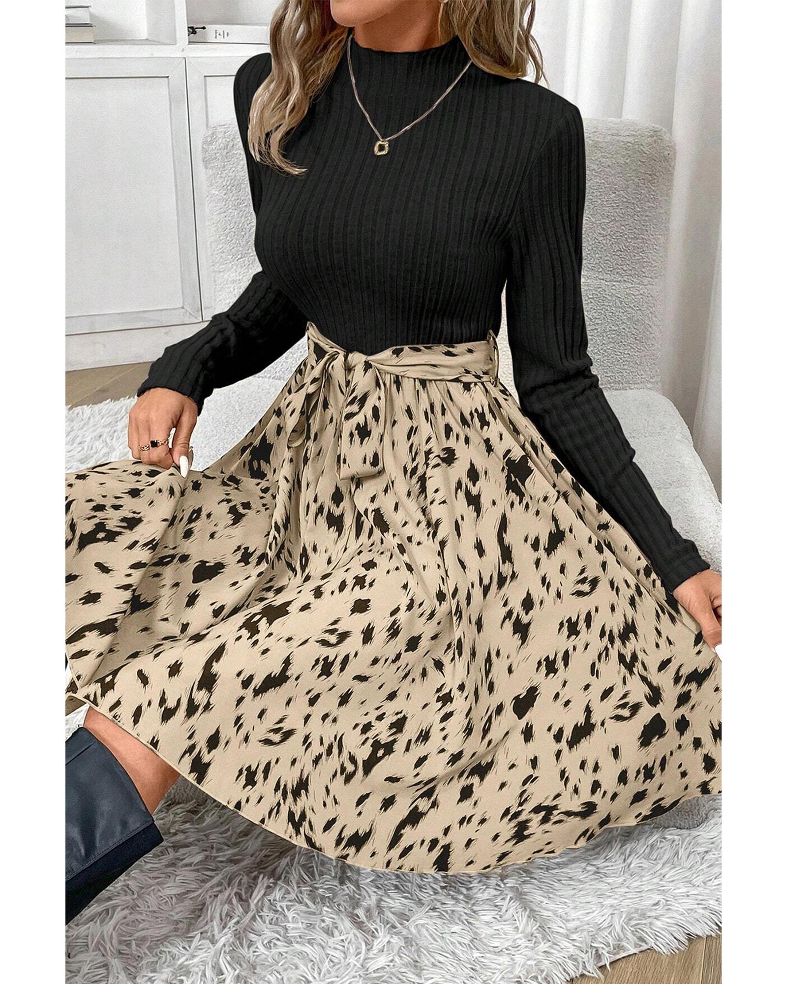 V539-AZEXDC6121772-P2-M-202508290125-00 Black Ribbed Knit Patchwork Printed Belted A-line Dress - M - Image 1