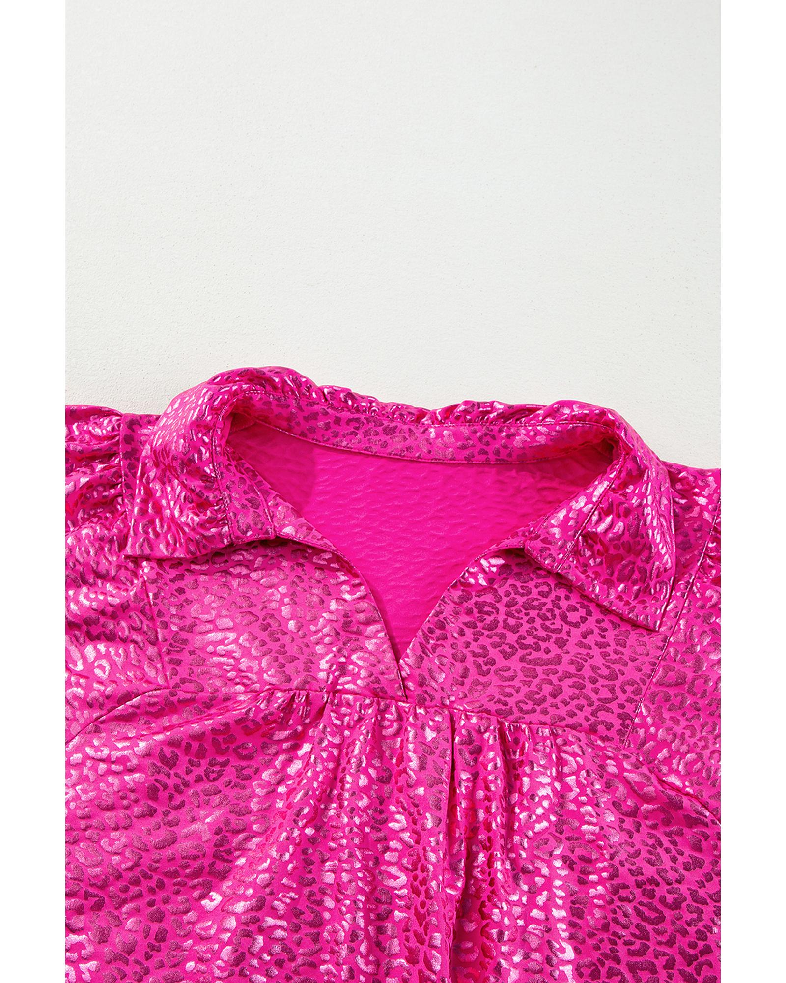 V539-AZEXDC6121941-P6-M-202508280545-00 Rose Red Metallic Leopard Print Collared Babydoll Mini Dress - M - Image 1