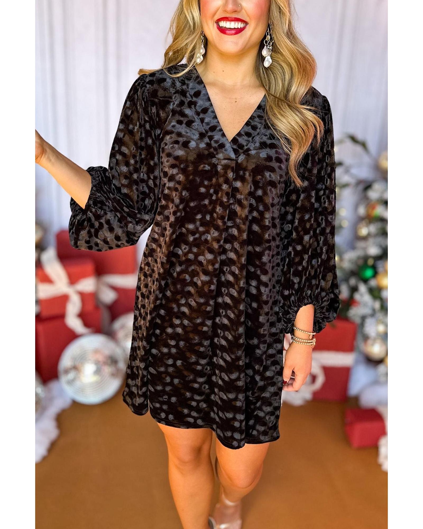V539-AZEXDC6121951-P2-L-202508280755-00 Black Textured V Neck Balloon Sleeve Velvet Mini Dress - L - Image 1