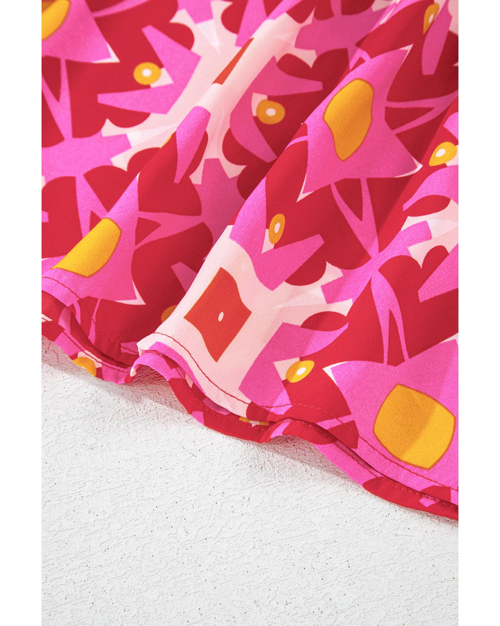 V539-AZEXDC6121997-P306-S-202506141725-00 Strawberry Pink Geometric Print Smocked Long Sleeve Mini Dress - S - Image 1