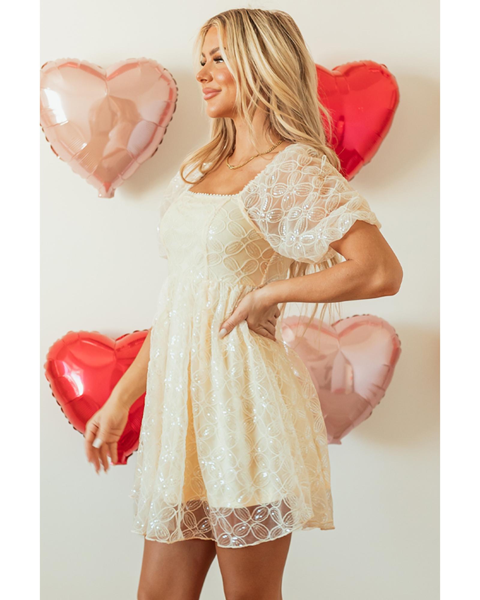 V539-AZEXDC6122169-P18-S-202506190125-00 Apricot Sequined Lace Mesh Bubble Sleeve Square Neck Dress - S - Image 1