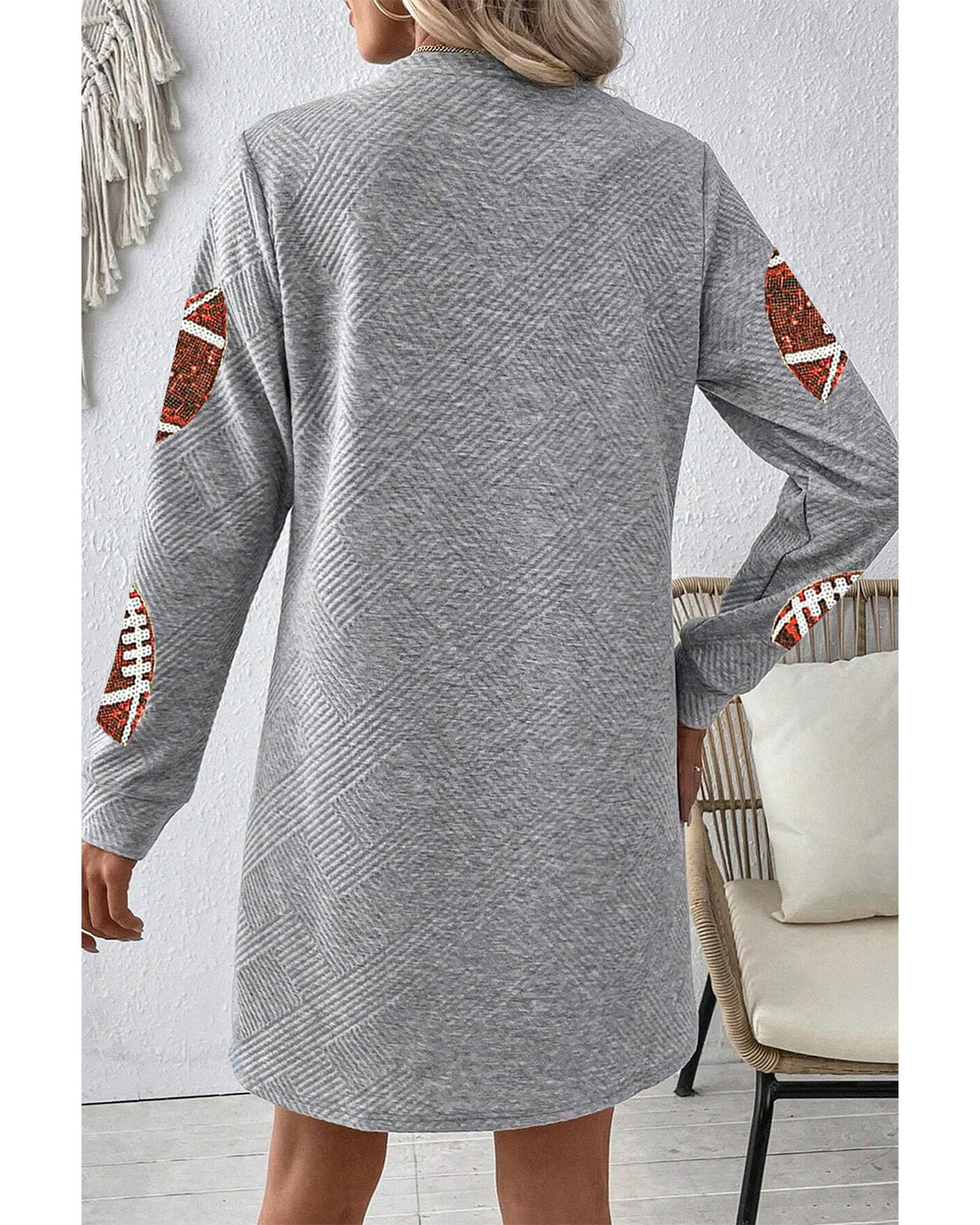 V539-AZEXDC6122241-P11-L-202508310935-00 Gray Sequin Rugby Football Graphic Textured Long Sleeve Shift Mini Dress - L - Image 1