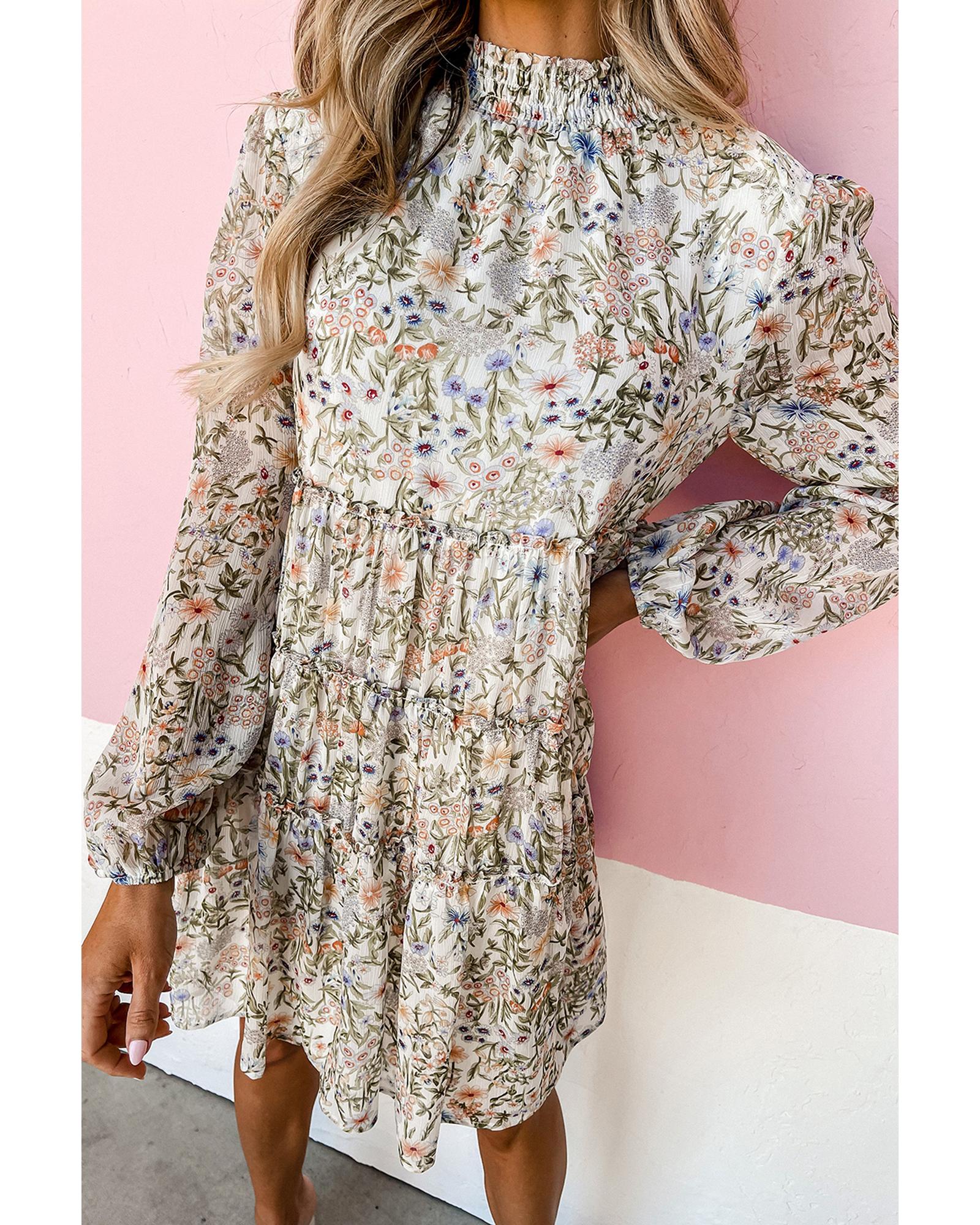 V539-AZEXDC6122288-P920-XL-202508310500-00 Green Floral Print Tiered Frilled Shirred Mock Neck Mini Dress - XL - Image 1