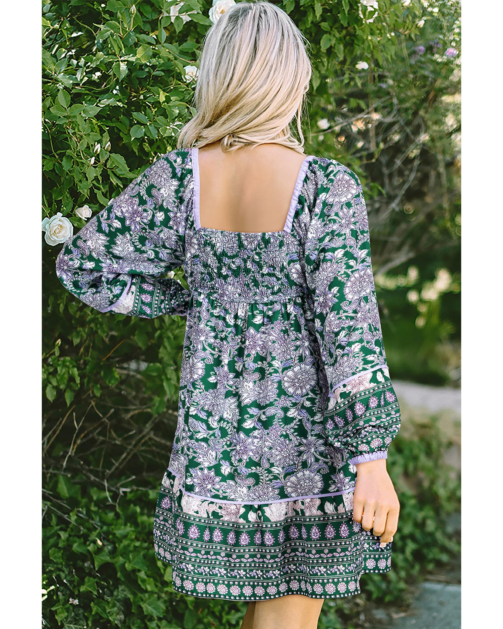 V539-AZEXDC6122396-P920-XL-202508310510-00 Green Floral Print Piping Trim Bubble Sleeve Square Neck Dress - XL - Image 1