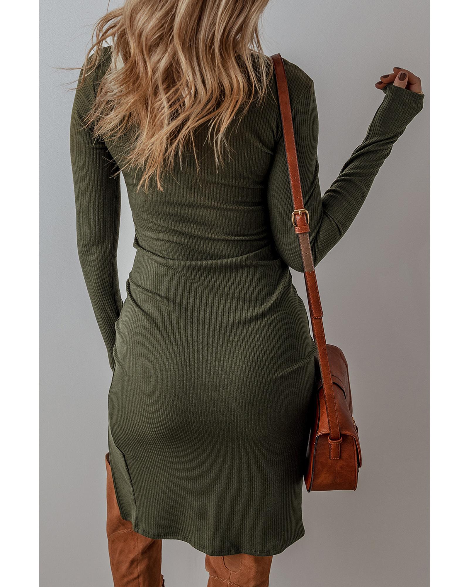 V539-AZEXDC6122400-P609-XL-202508310615-00 Jungle Green Ribbed Side Slit Ruched Slim Fit Long Sleeve Mini Dress - XL - Image 1