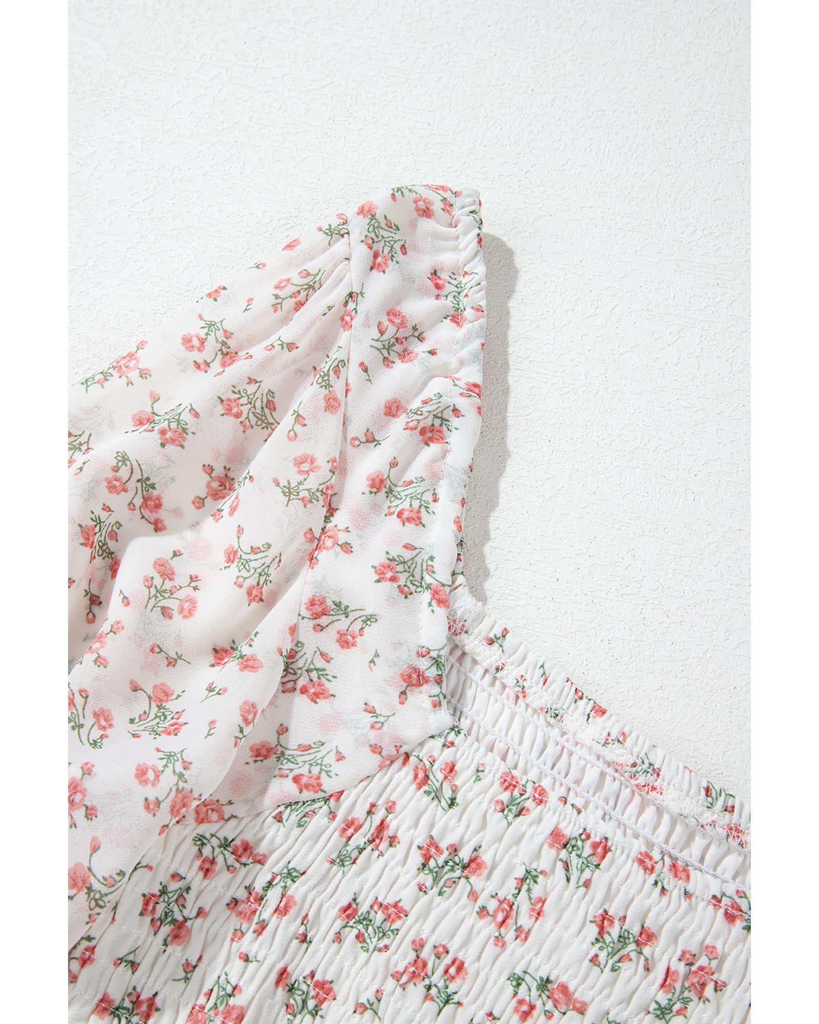 V539-AZEXDC6122401-P120-M-202508310655-00 White Floral Print Shirred Ruffled Hem Square Neck Midi Dress - M - Image 1