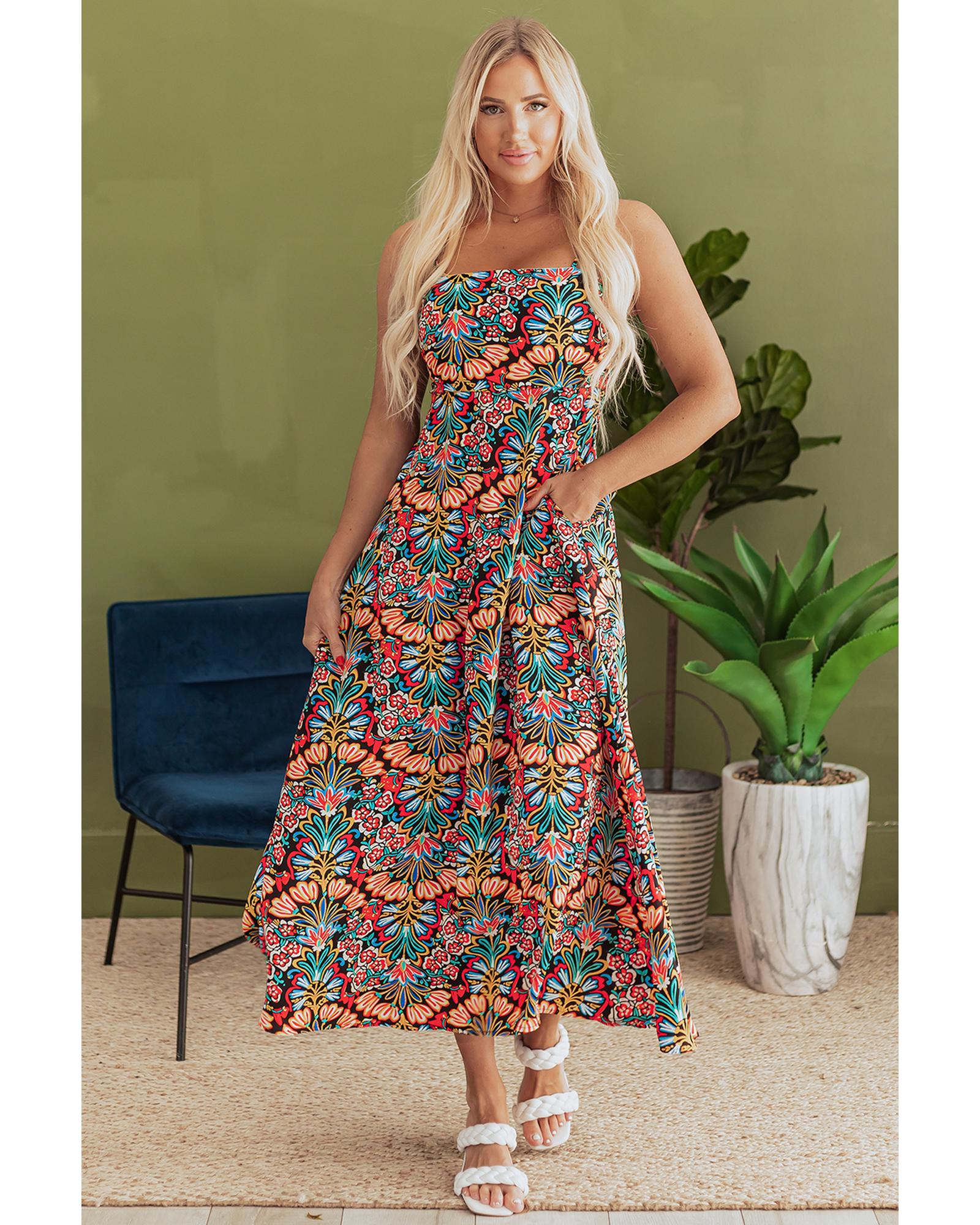 V539-AZEXDC6122426-P220-S-202506190222-00 Black Boho Floral Print Thin Straps Sleeveless High Waist Maxi Dress - S - Image 1