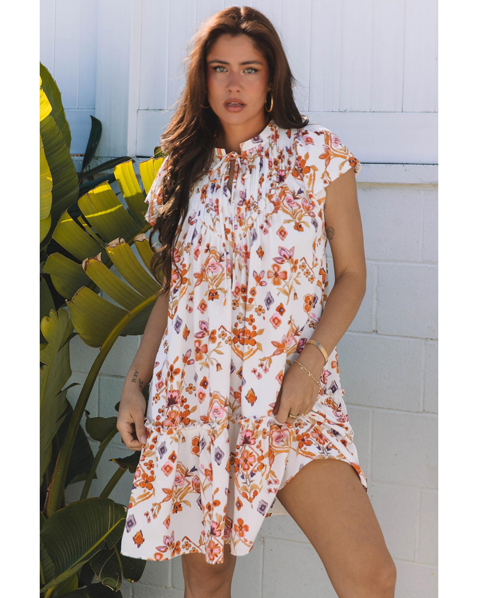 V539-AZEXDC6122444-P1820-S-202506190247-00 Apricot Floral Geometric Print Ruffled Trim Flutter Sleeve Mini Dress - S - Image 1