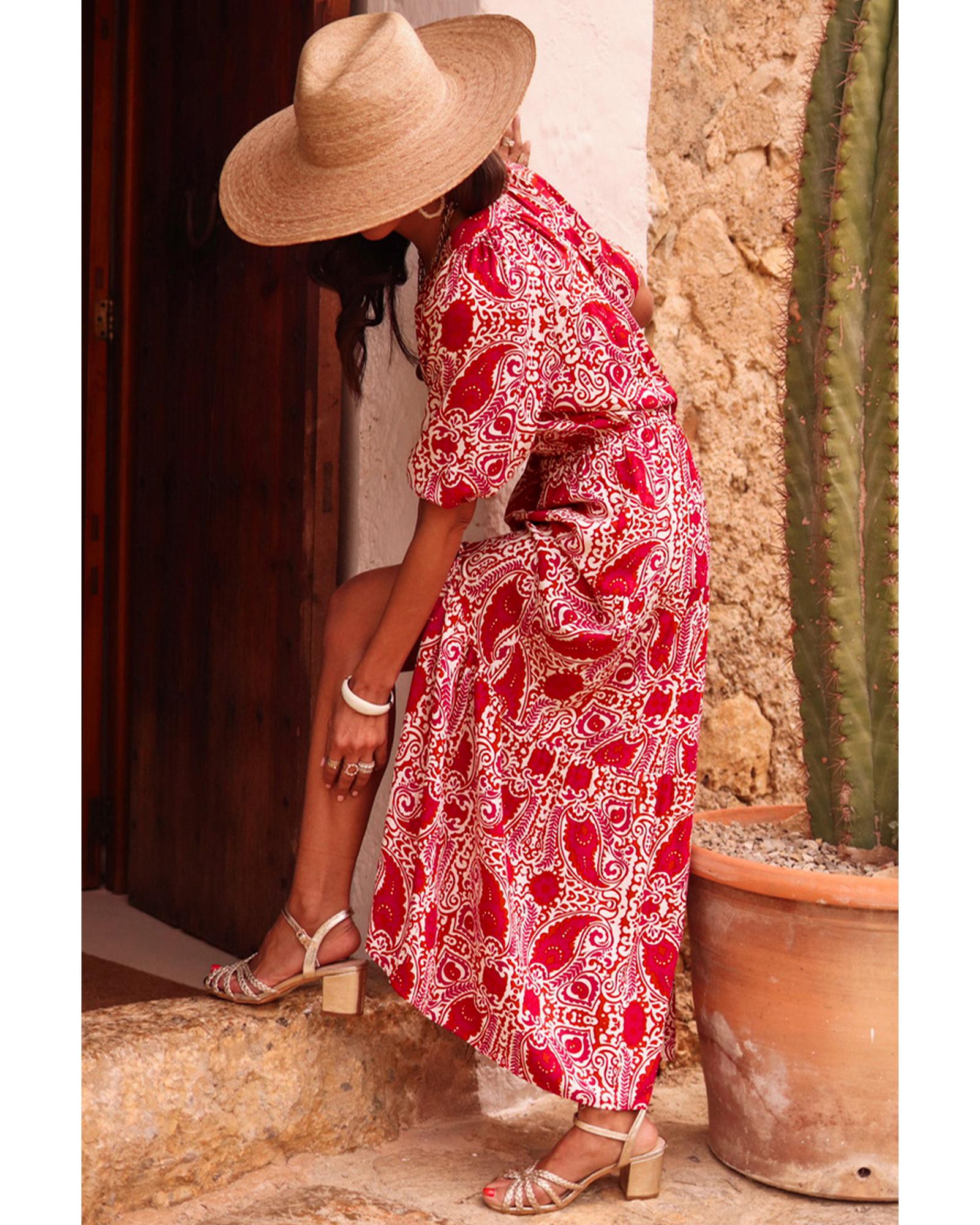 V539-AZEXDC6122445-P10320-L-202508310425-00 Red Paisley Print Side Slit Puff Sleeve High Waist Maxi Dress - L - Image 1