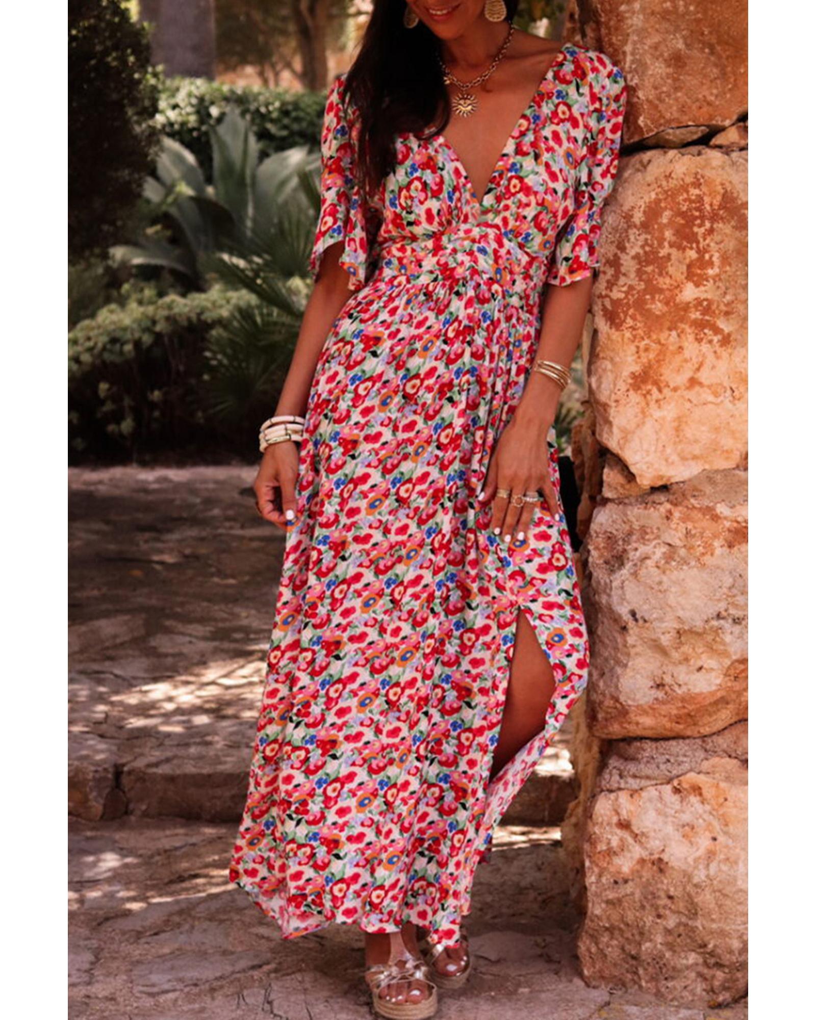 V539-AZEXDC6122449-P10320-XL-202508310920-00 Red Floral Half Sleeve Deep V Neck Cutout Back Split Maxi Dress - XL - Image 1