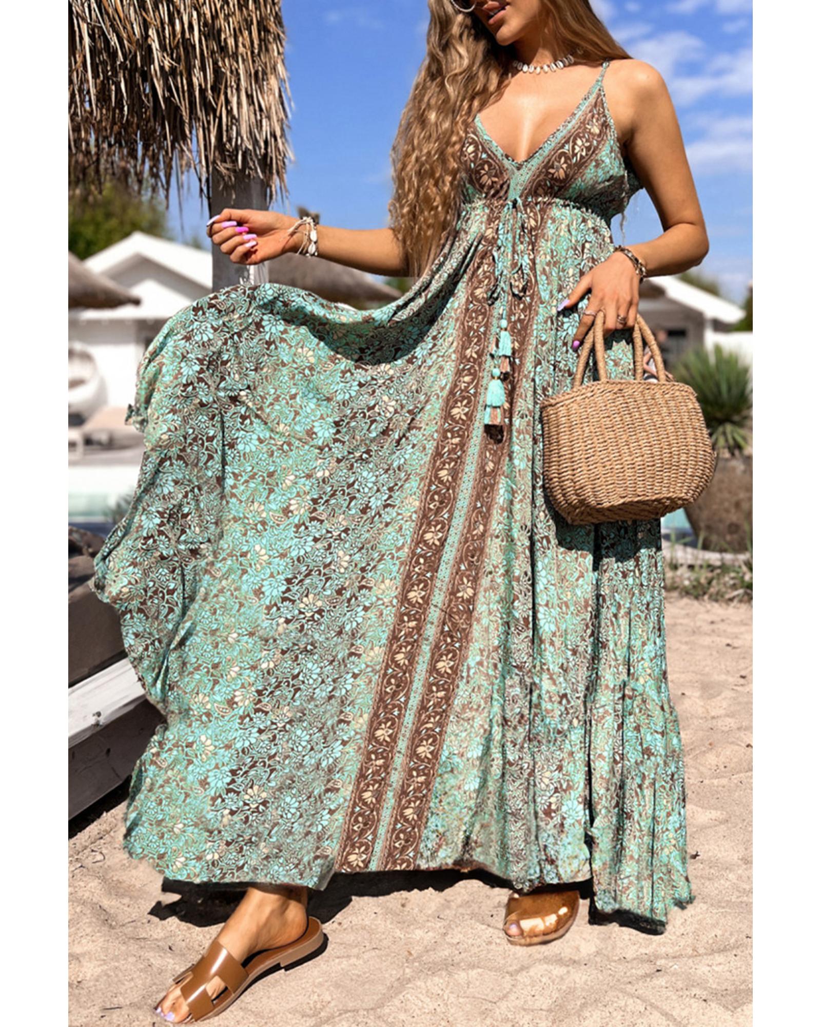 V539-AZEXDC6122461-P920-S-202506190042-00 Green Floral Print V Neck Ruffled Trim Backless Tassel Waist Maxi Dress - S - Image 1