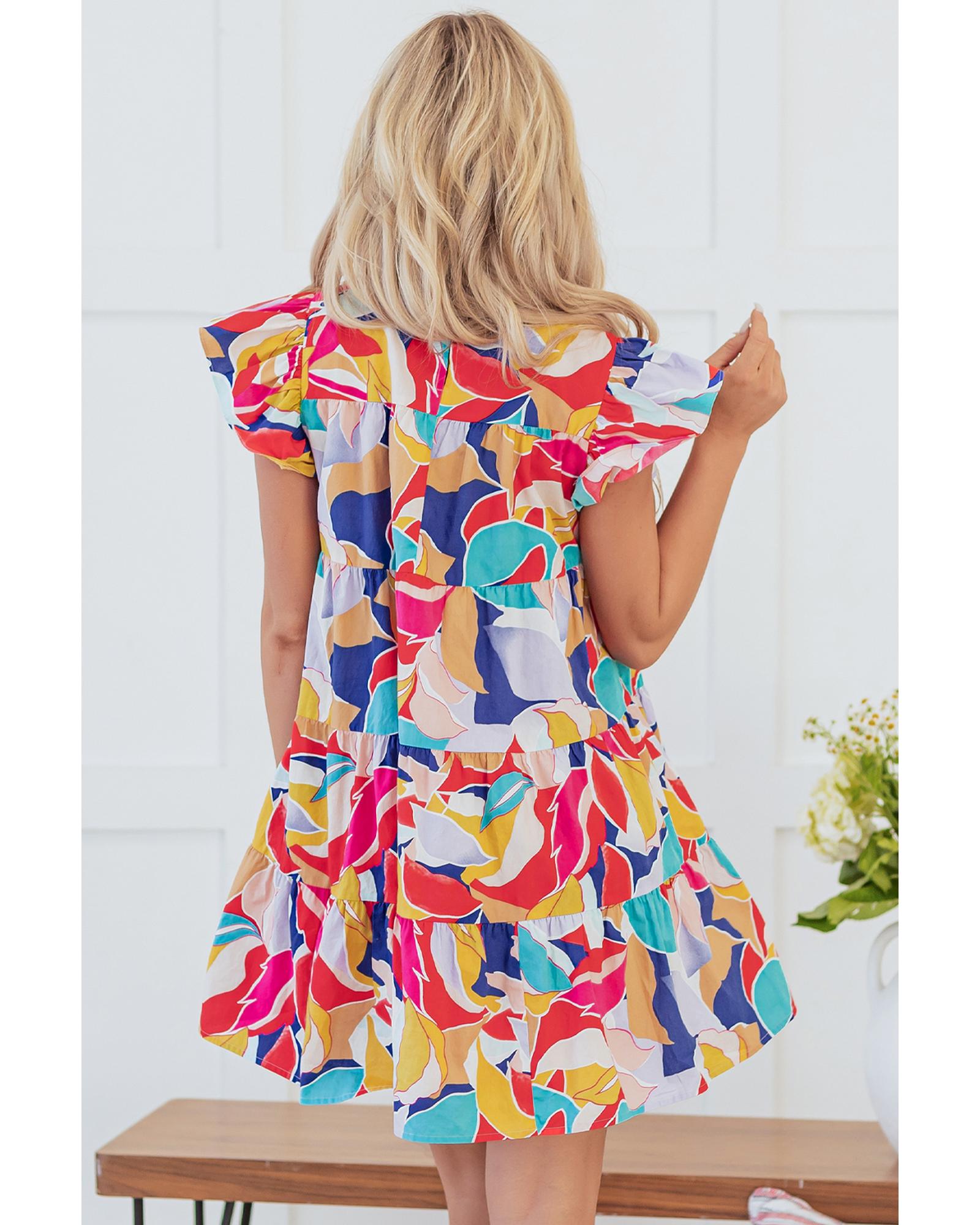 V539-AZEXDC6122466-P1020-XL-202508311120-00 Pink Abstract Printed Ruffled Flutter Sleeve Tiered Mini Dress - XL - Image 1