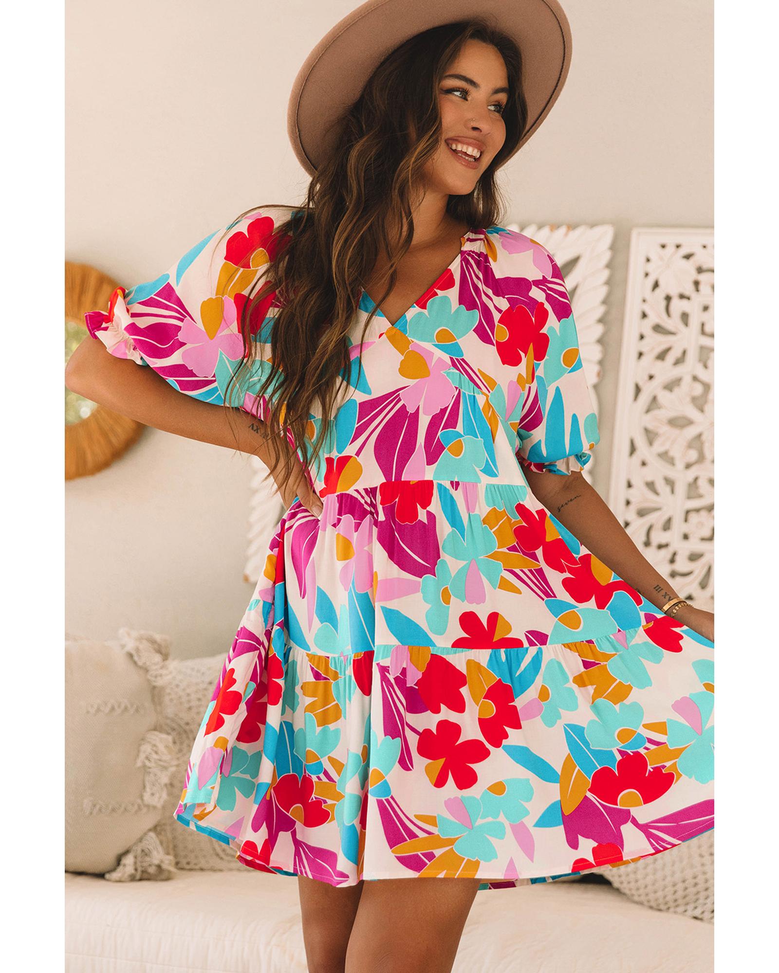 V539-AZEXDC6122469-P622-XL-202508311145-00 Rose Red Floral Bubble Sleeve V Neck Tiered Ruffle Babydoll Dress - XL - Image 1