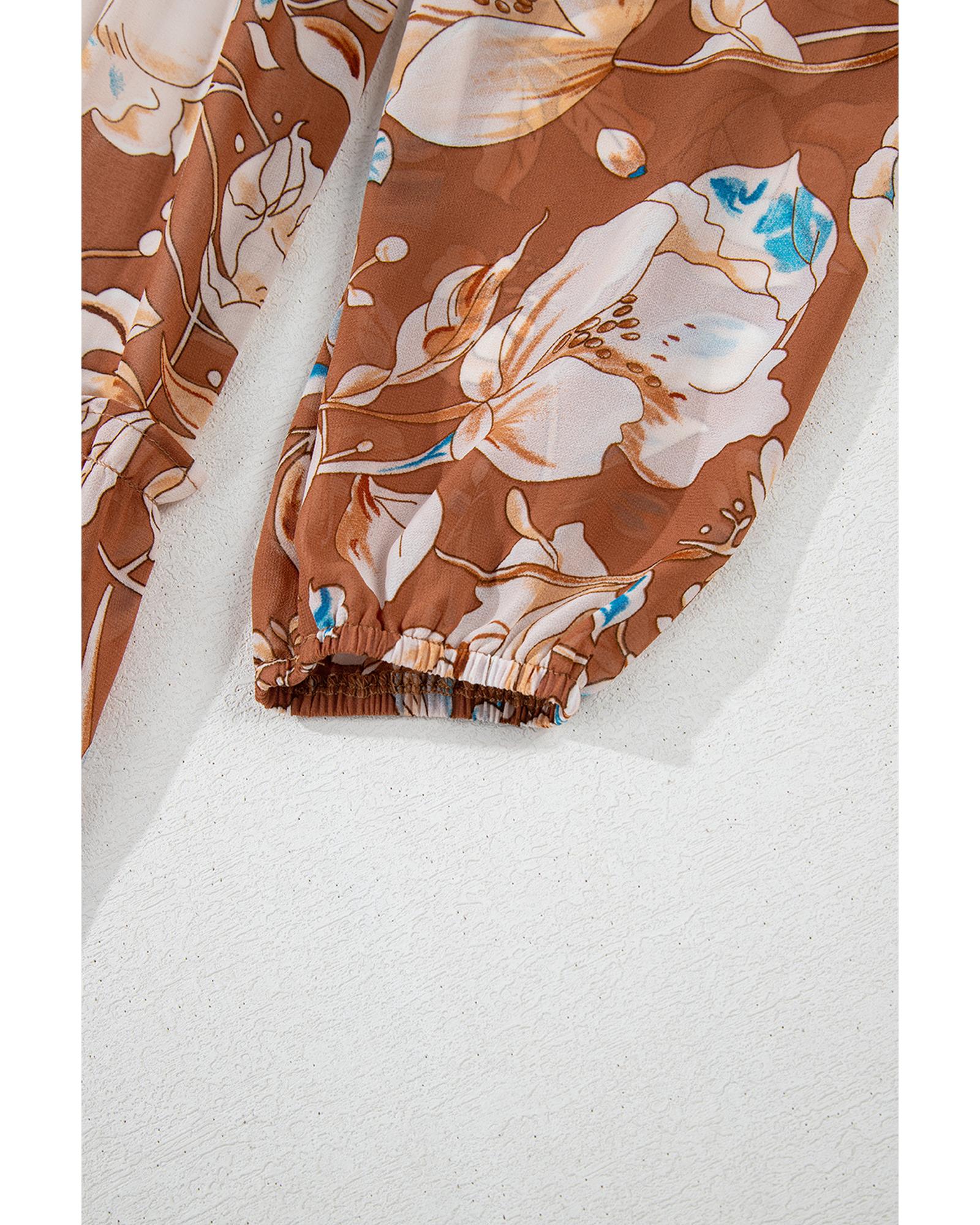 V539-AZEXDC6122501-P1720-M-202506190121-00 Brown Floral Print Shirred Square Neck High Waist Maxi Dress - M - Image 1