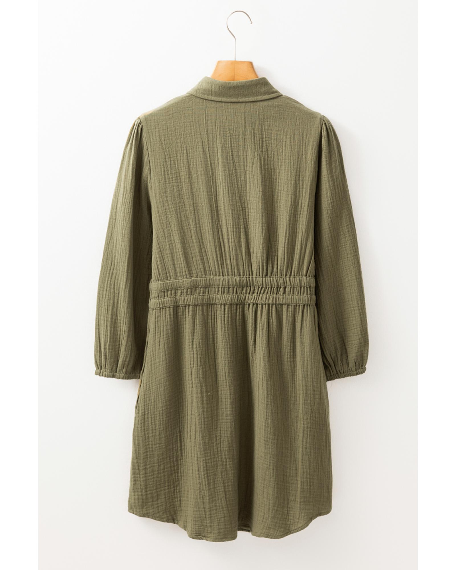 V539-AZEXDC6122514-P609-S-202506190125-00 Jungle Green Textured Bracelet Sleeve Collared Button Up Dual Tied Mini Dress - S - Image 1