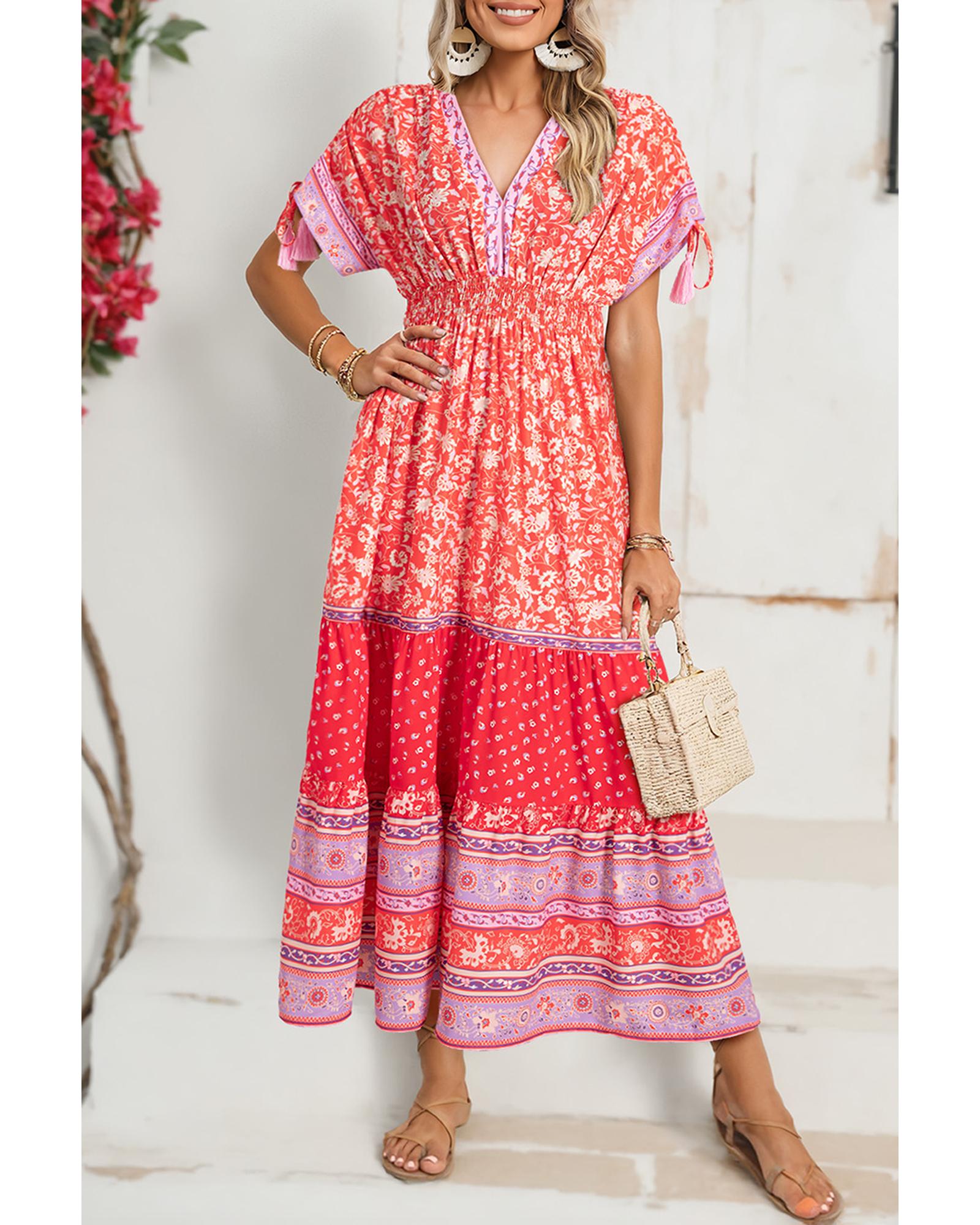 V539-AZEXDC6122527-P10320-S-202508311025-00 Red Floral Print Tasseled Tied Sleeve Empire Waist Maxi Dress - S - Image 1