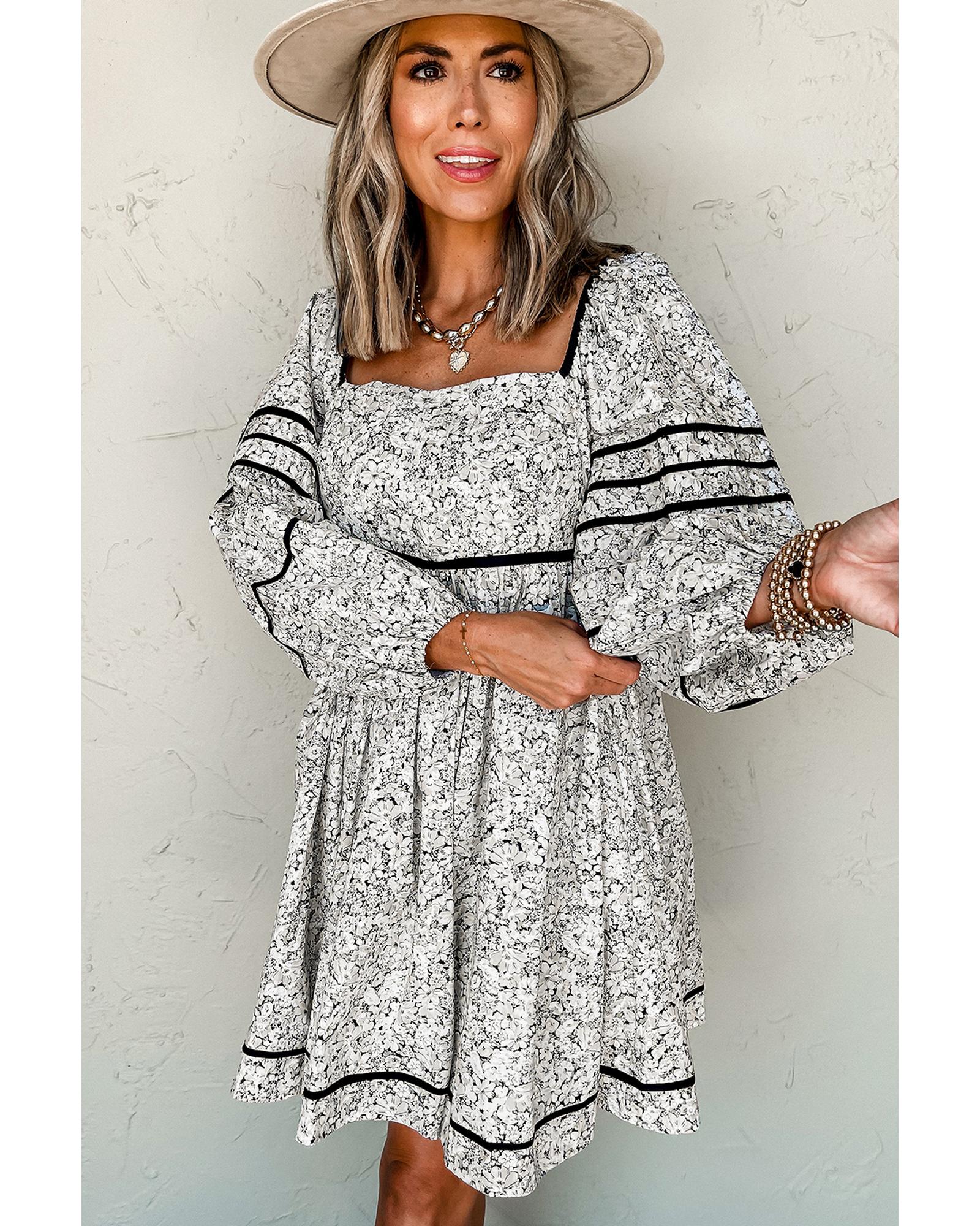 V539-AZEXDC6122553-P1120-XL-202508310555-00 Gray Floral Print Open Back Balloon Sleeve Square Neck Mini Dress - XL - Image 1