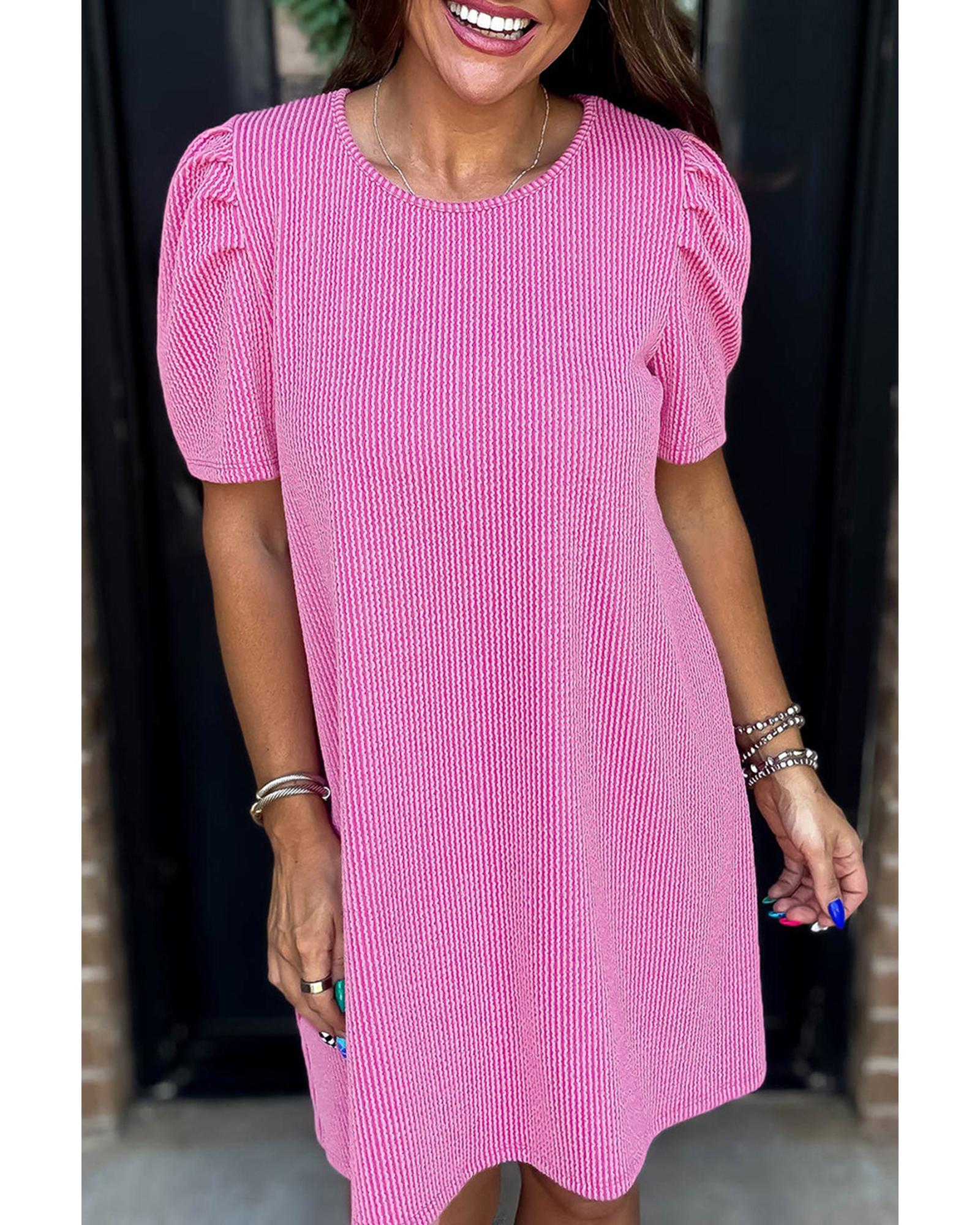 V539-AZEXDC6122560-P106-S-202508311255-00 Bright Pink Corded Knit Crew Neck Puff Sleeve Shift Mini Dress - S - Image 1