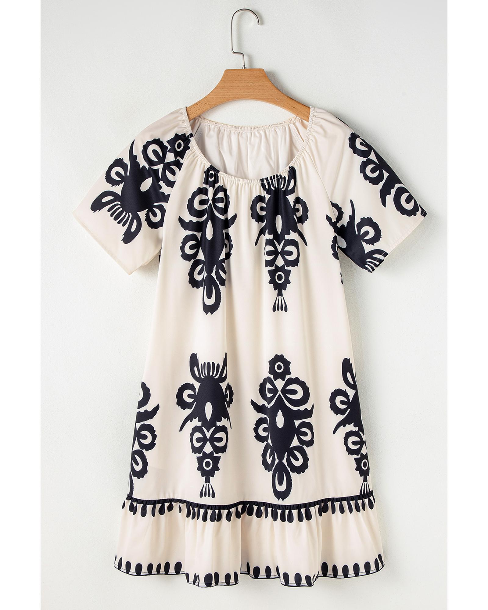 V539-AZEXDC6122620-P1820-M-202508311040-00 Apricot Western Print Ruffled Short Sleeve Loose Dress - M - Image 1