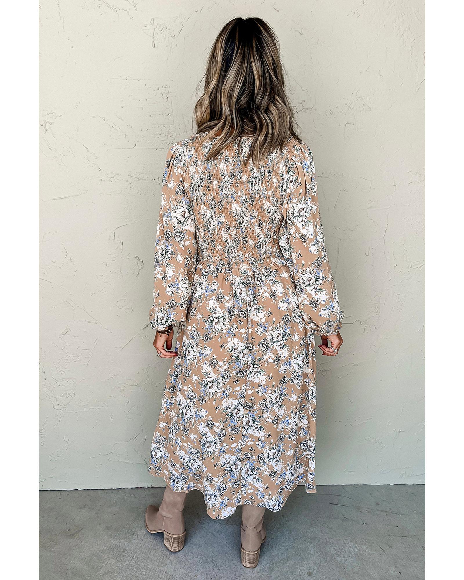V539-AZEXDC6122652-P1620-XL-202508310535-00 Khaki Maple Grove Floral Smocked Puff Sleeve Long Dress - XL - Image 1
