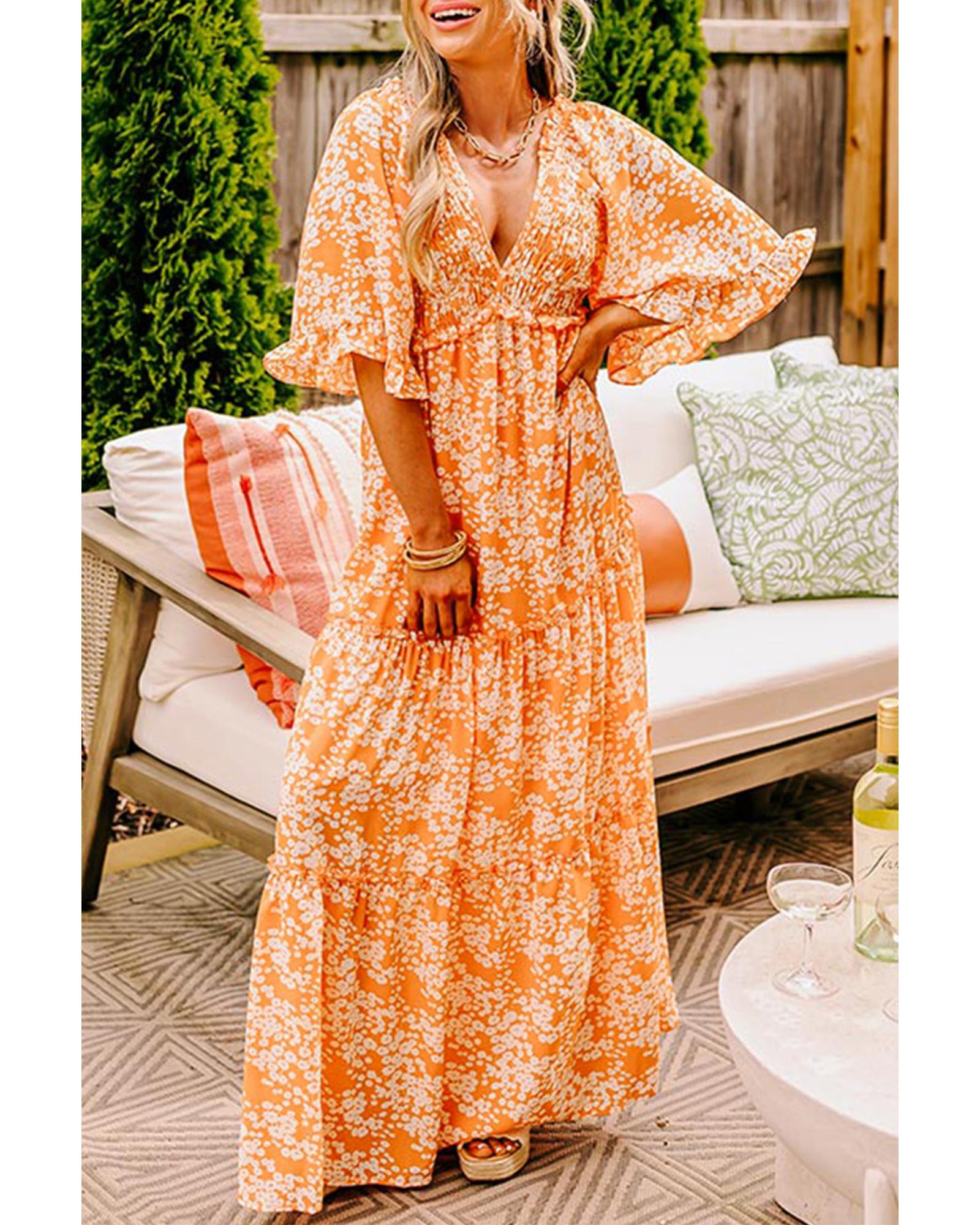 V539-AZEXDC6122679-P1420-M-202508310305-00 Orange Floral Print Smocked V Neck Wide Sleeve Maxi Dress - M - Image 1
