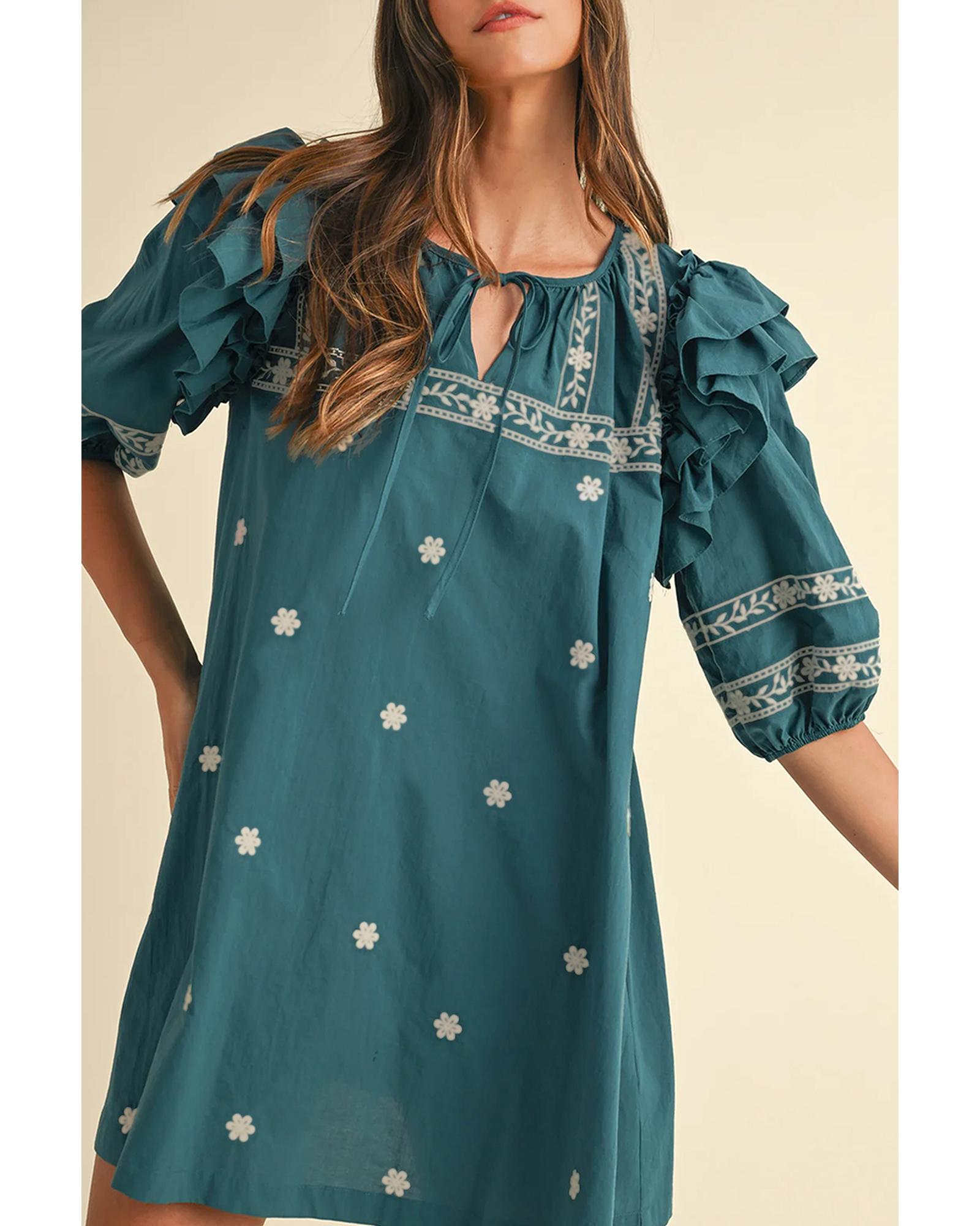 V539-AZEXDC6122694-P1809-M-202508310520-00 Skobeloff Boho Floral Ruffle Puff Sleeve Lace-up V Neck Mini Dress - M - Image 1