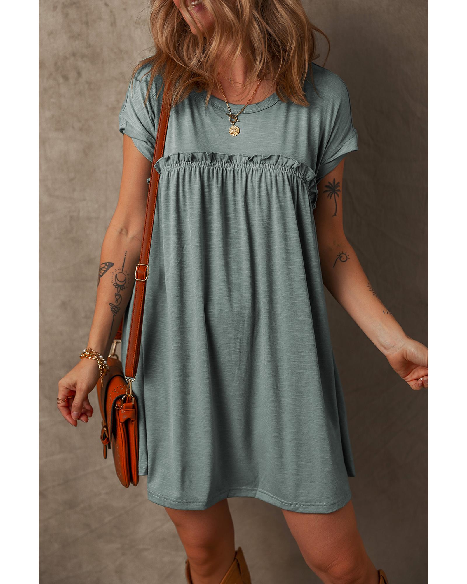 V539-AZEXDC6122794-P509-S-202506190036-00 Mist Green Frilled Gathered Seam Round Neck T Shirt Dress - S - Image 1