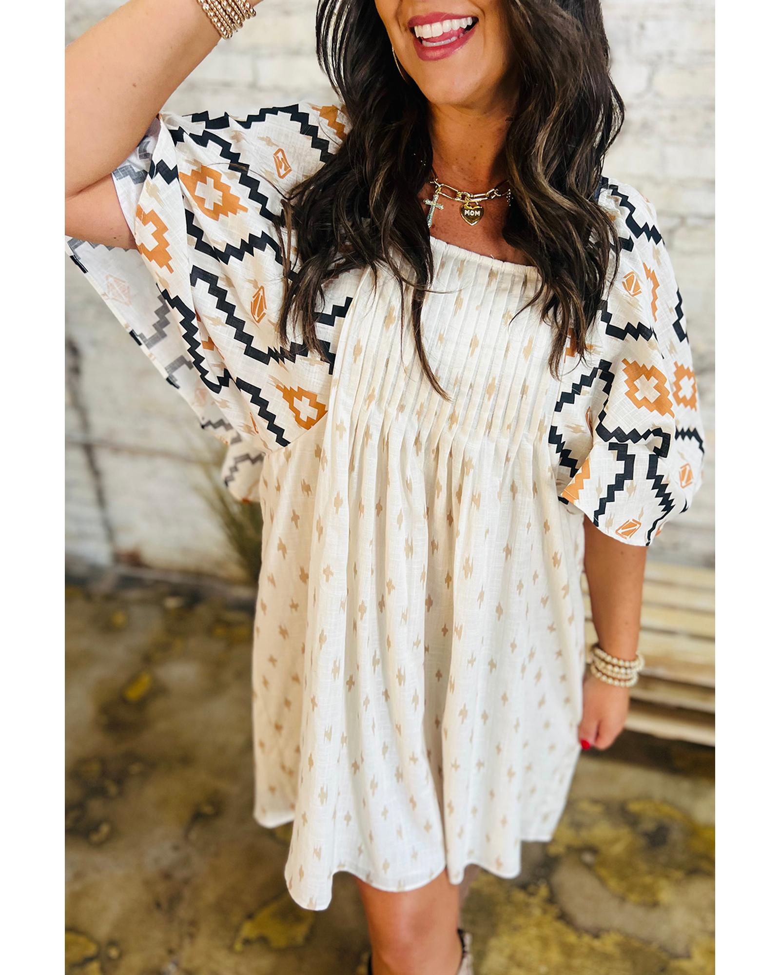 V539-AZEXDC6122882-P1520-S-202506141747-00 Beige Western Aztec Print Pleated Square Neck Loose Mini Dress - S - Image 1