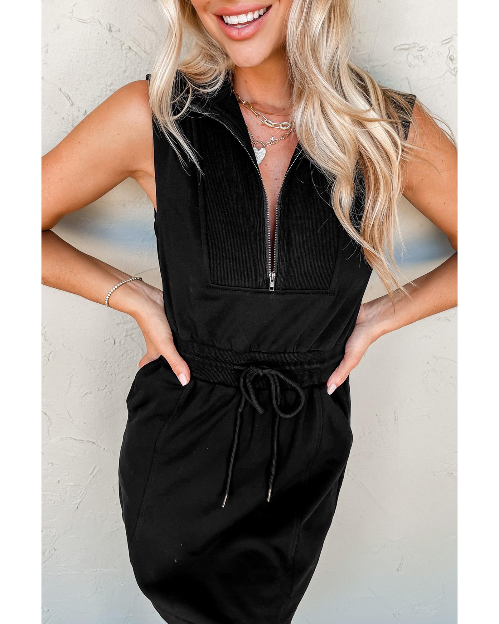 V539-AZEXDC6122895-P2-M-202508300245-00 Black French Terry Zipped Collar Sleeveless Drawstring Waist Mini Dress - M - Image 1
