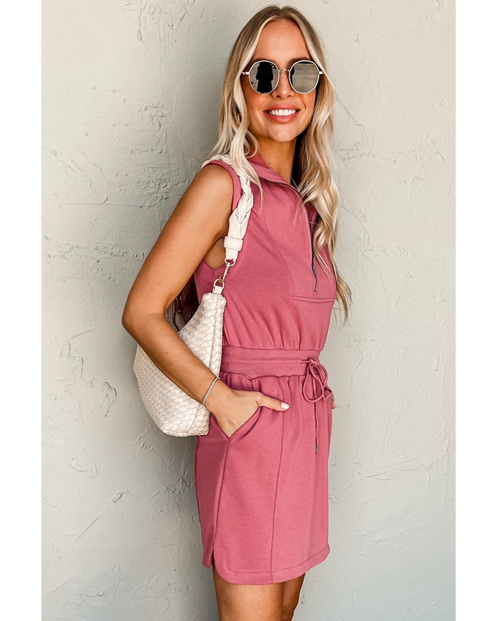 V539-AZEXDC6122895-P303-S-202508281235-00 Mineral Red French Terry Zipped Collar Sleeveless Drawstring Waist Mini Dress - S - Image 1