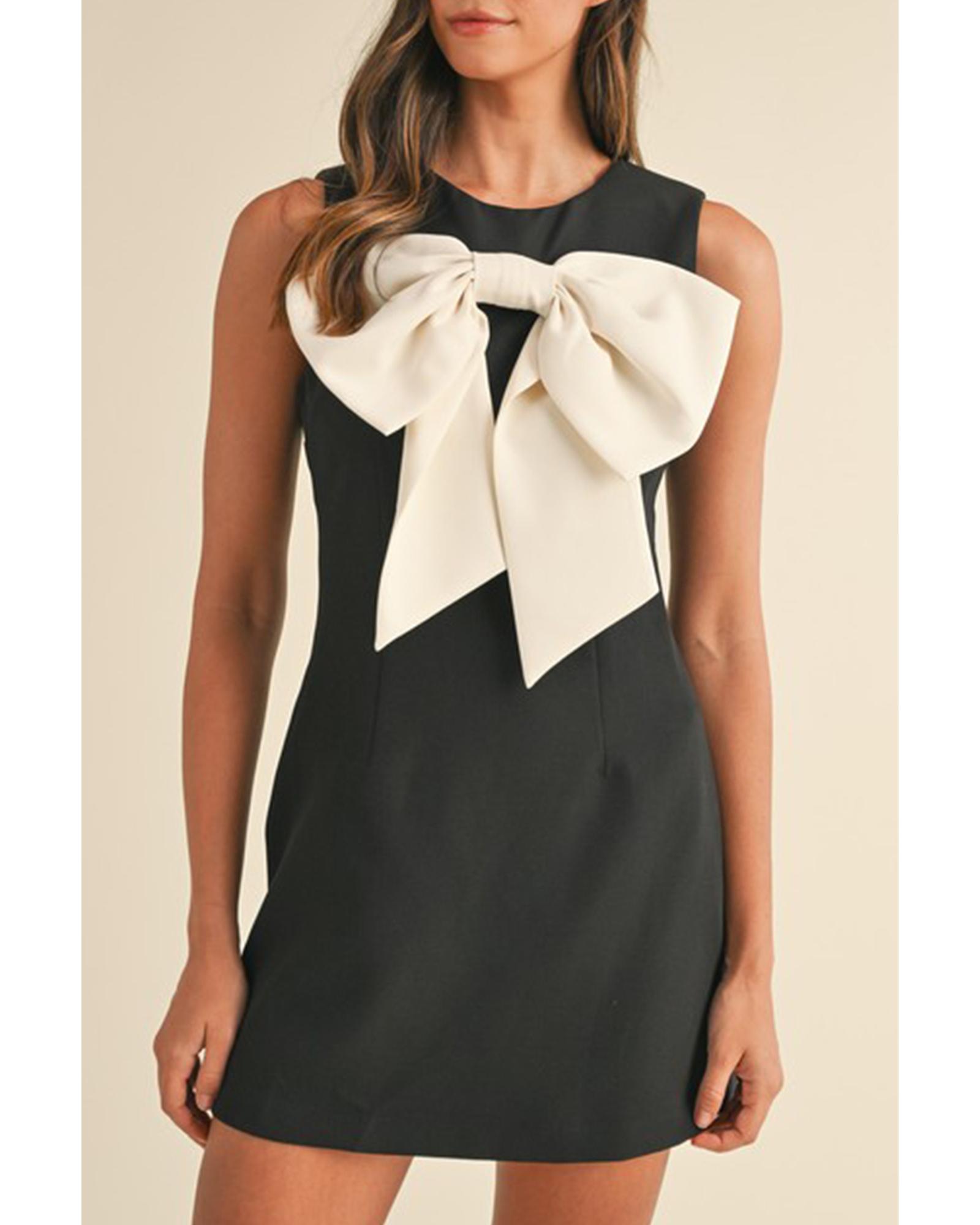 V539-AZEXDC6122901-P202-M-202508282200-00 Black Contrast Bowknot Applique Crew Neck Sleeveless Mini Dress - M - Image 1