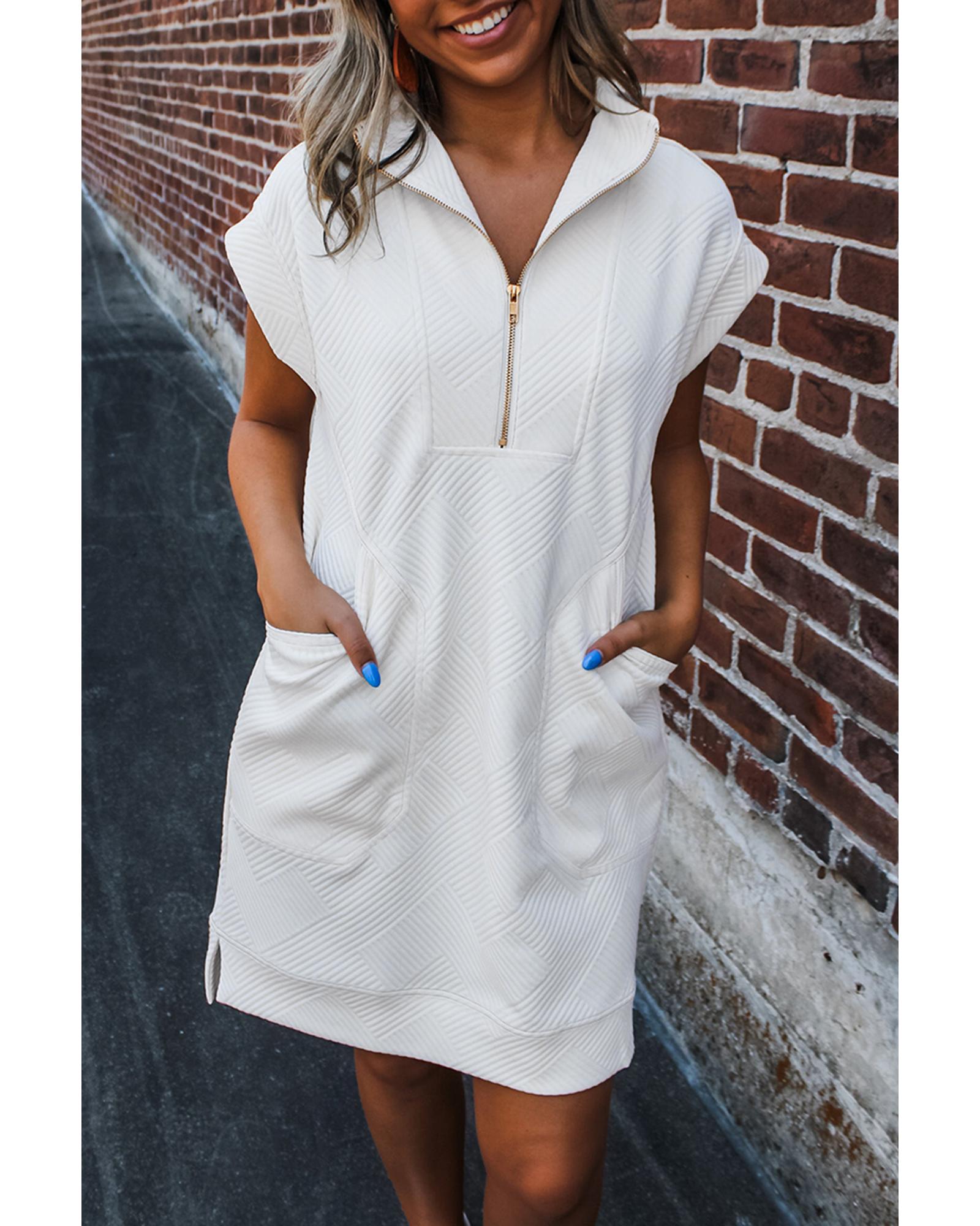 V539-AZEXDC6122988-P1-L-202508290125-00 White Textured Half Zip Collared Cap Sleeve Mini Dress - L - Image 1