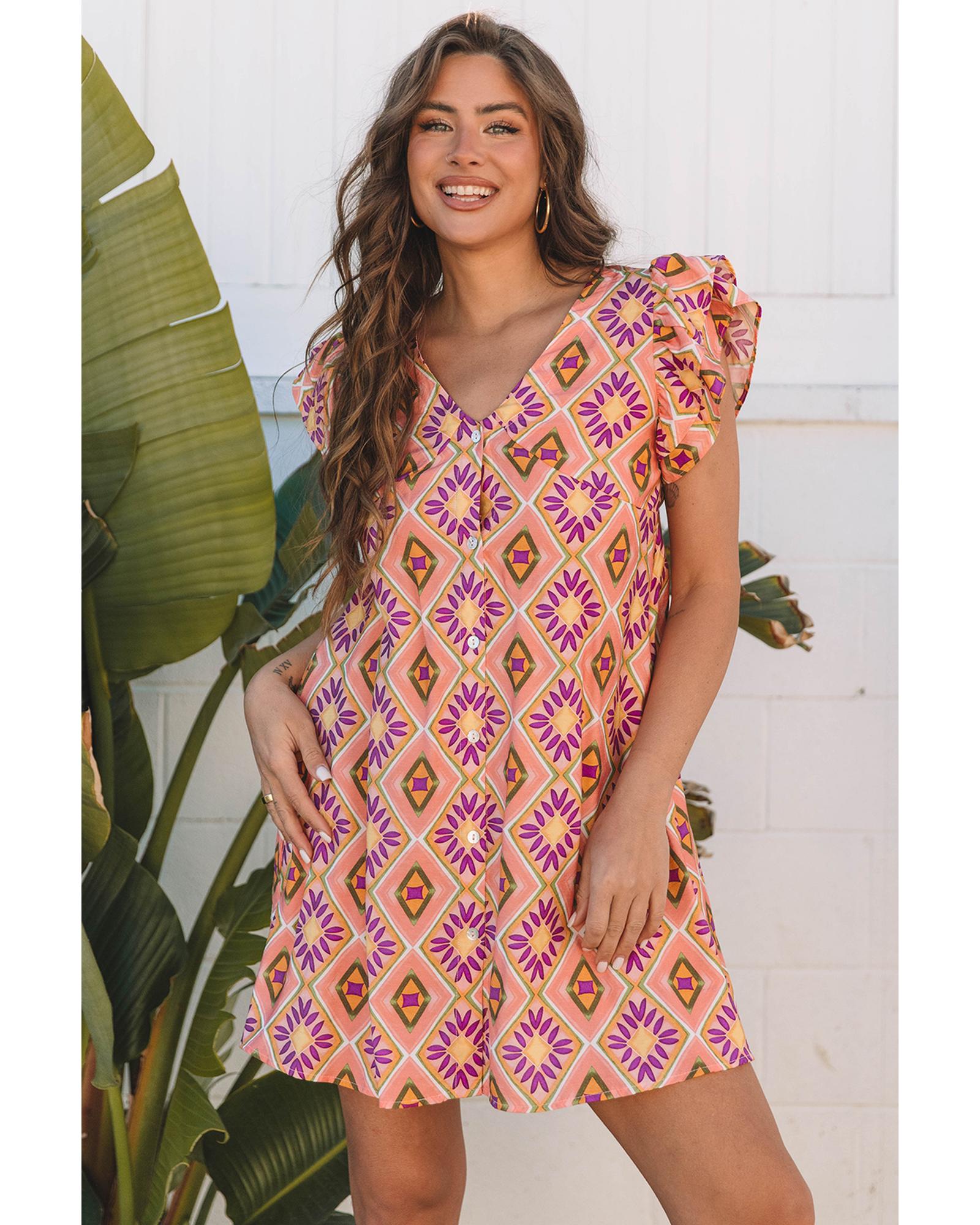 V539-AZEXDC6123092-P1420-XL-202508301745-00 Orange Geometric Floral V Neck Buttoned Ruffled Sleeve Mini Dress - XL - Image 1