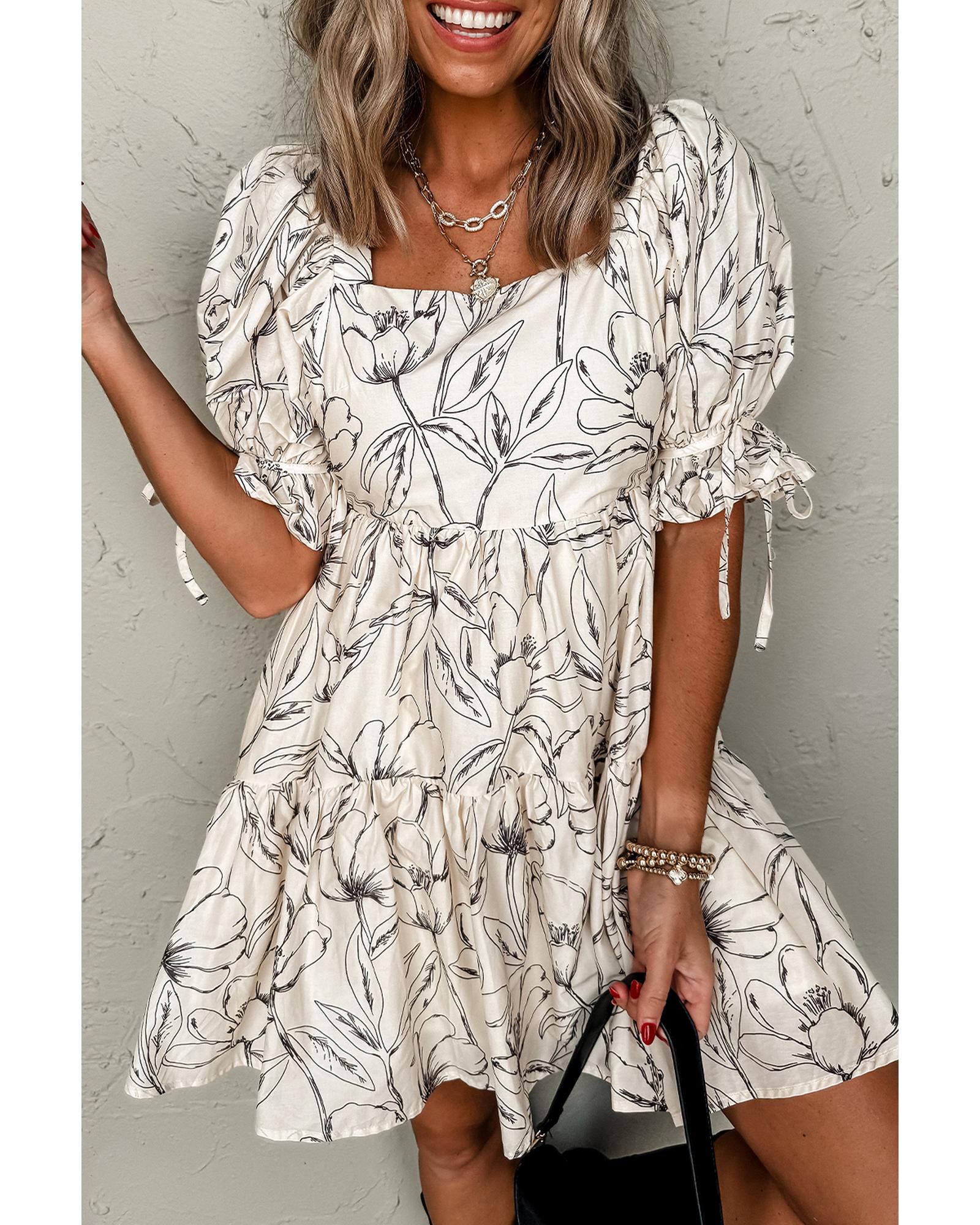 V539-AZEXDC6123097-P1520-M-202508302025-00 Beige Floral Print Square Neck Shirred Back Puff Sleeve Mini Dress - M - Image 1