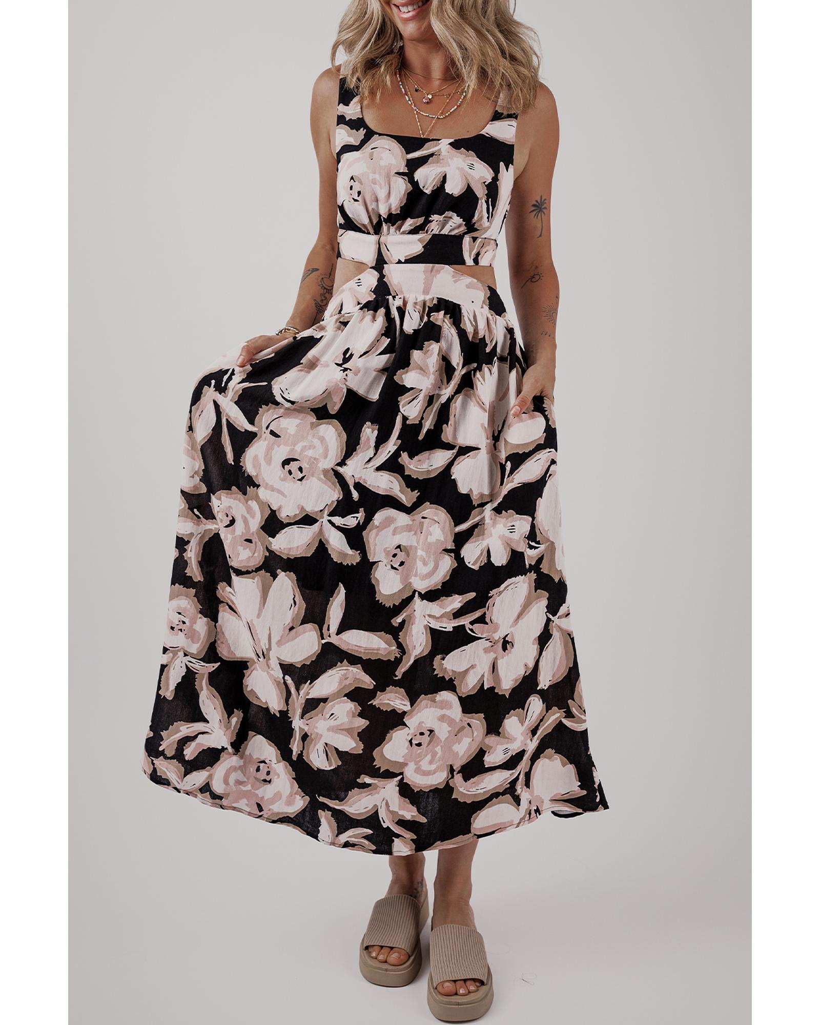 V539-AZEXDC6123180-P220-S-202506141932-00 Black Floral Cutout Square Neck Knot Back Sleeveless Maxi Dress - S - Image 1