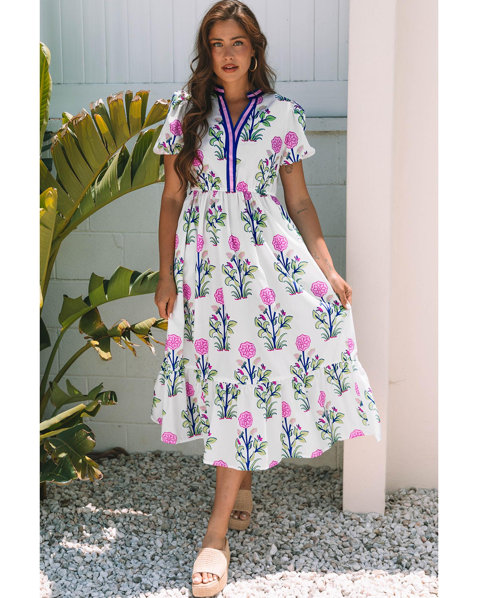V539-AZEXDC6123188-P120-L-202508302200-00 White Floral Puff Short Sleeve V Neck High Waist Maxi Dress - L - Image 1